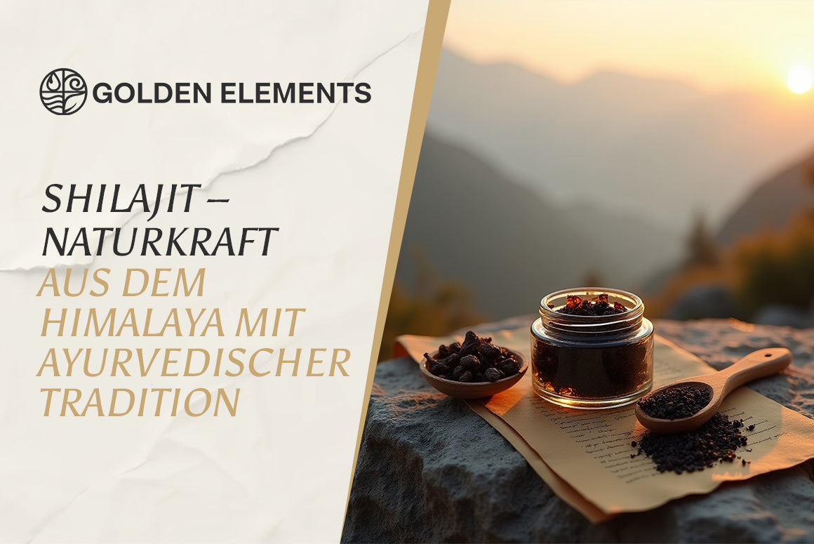 Glas mit Shilajit-Harz auf einem Felsen bei Sonnenuntergang – Naturprodukt aus dem Himalaya mit ayurvedischer Tradition von Golden Elements.