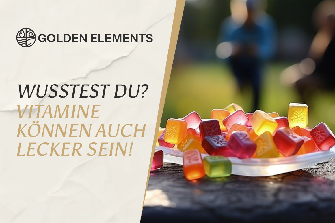 Bunte Multivitamin Gummies auf einem Teller im Freien mit dem Slogan „Wusstest du? Vitamine können auch lecker sein!“ – Golden Elements Markenmotiv für genussvolle Nahrungsergänzung.
