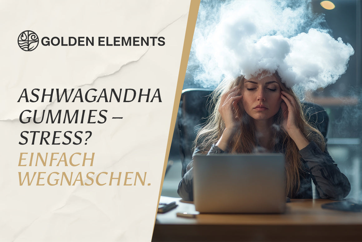 Junge Frau sitzt entspannt am Frühstückstisch und hält einen Ashwagandha Gummy zwischen den Fingern, im Hintergrund Tageslicht und Pflanzen, harmonische Morgenroutine mit Nahrungsergänzung