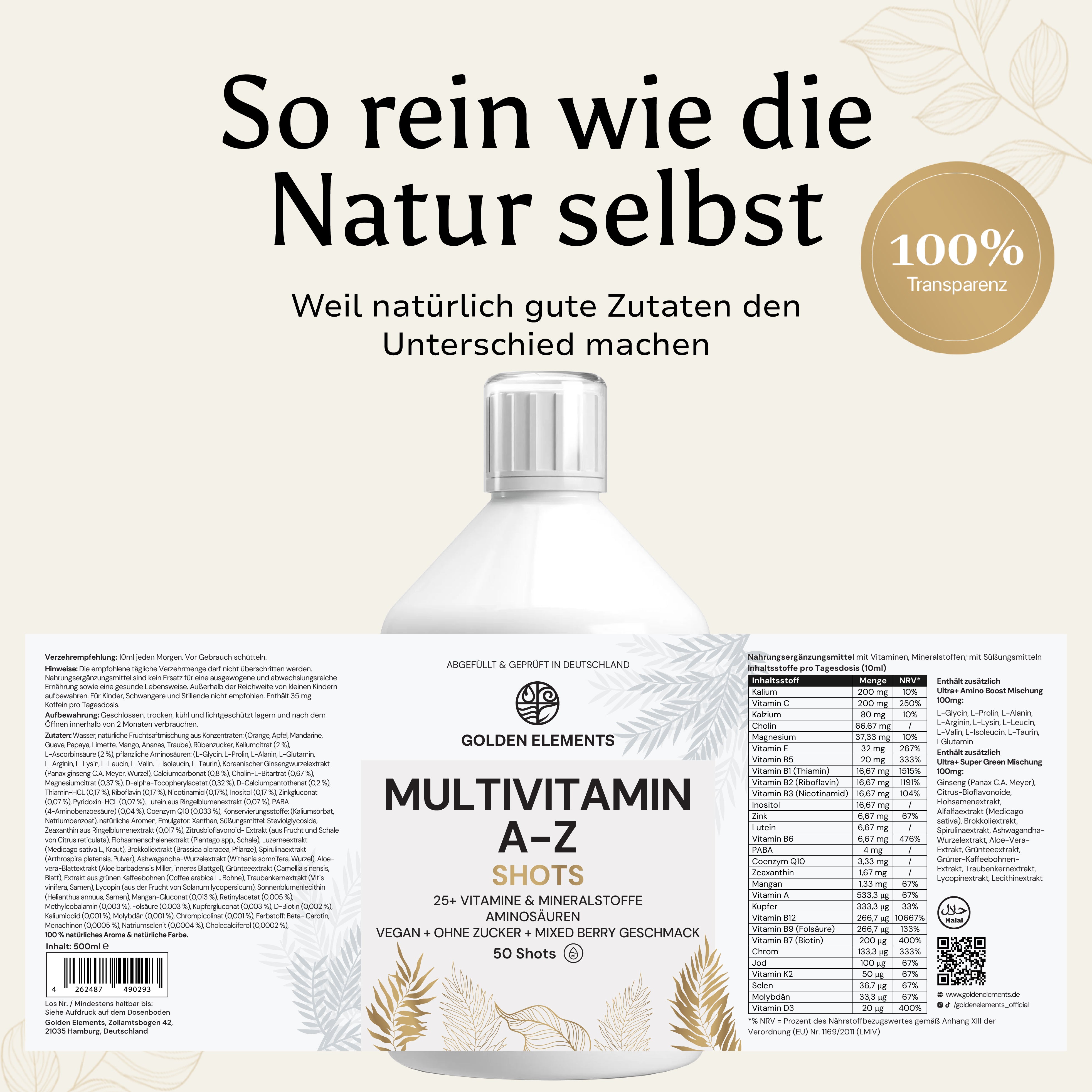 Premium Vitamin Vegan Shots 50 - Fresh Orange - 500ml 