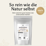 Produktverpackung von Golden Elements Ashwagandha Pulver mit Slogan „So rein wie die Natur selbst