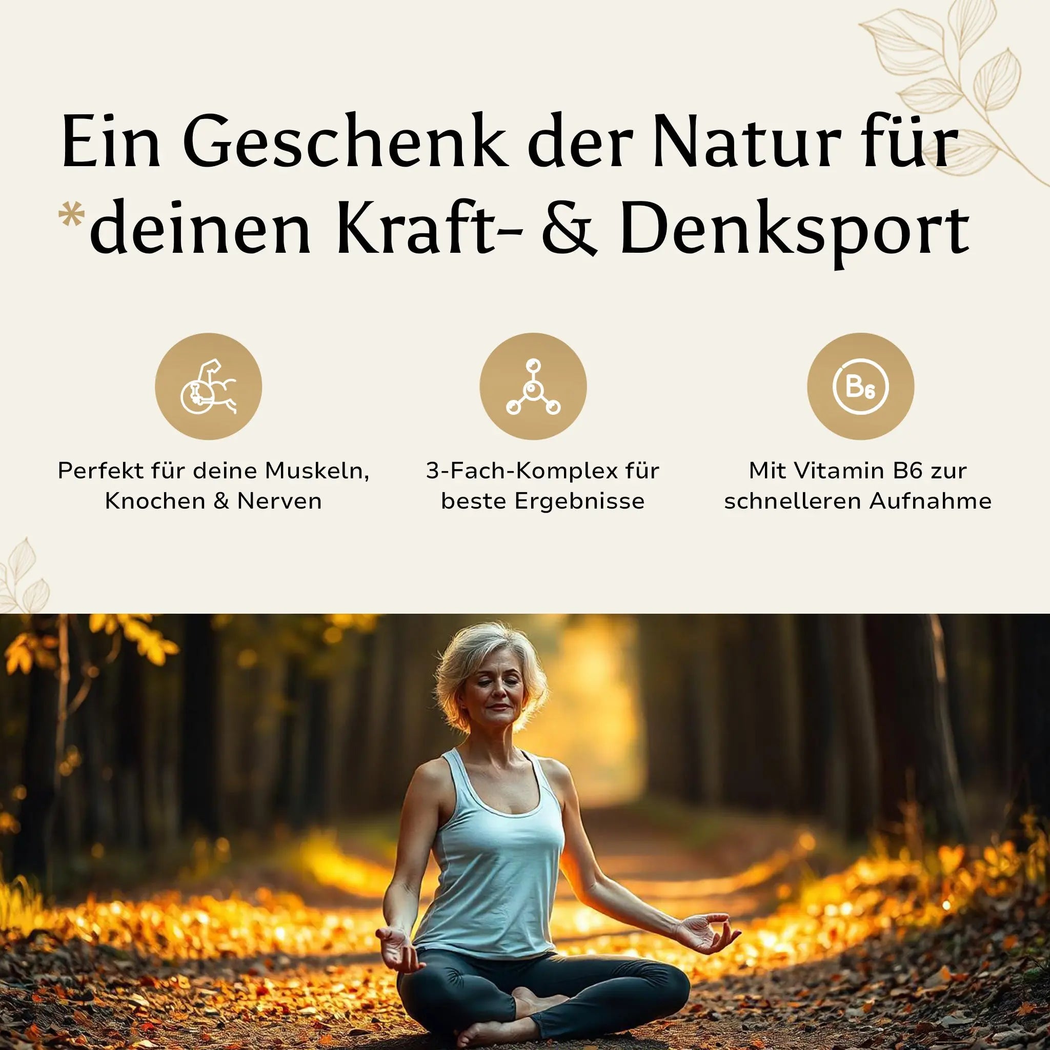 Werbegrafik mit dem Text 'Ein Geschenk der Natur für deinen Kraft- & Denksport' und Icons für Muskeln, 3-Fach-Komplex und Vitamin B6.