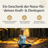 Werbegrafik mit dem Text 'Ein Geschenk der Natur für deinen Kraft- & Denksport' und Icons für Muskeln, 3-Fach-Komplex und Vitamin B6.