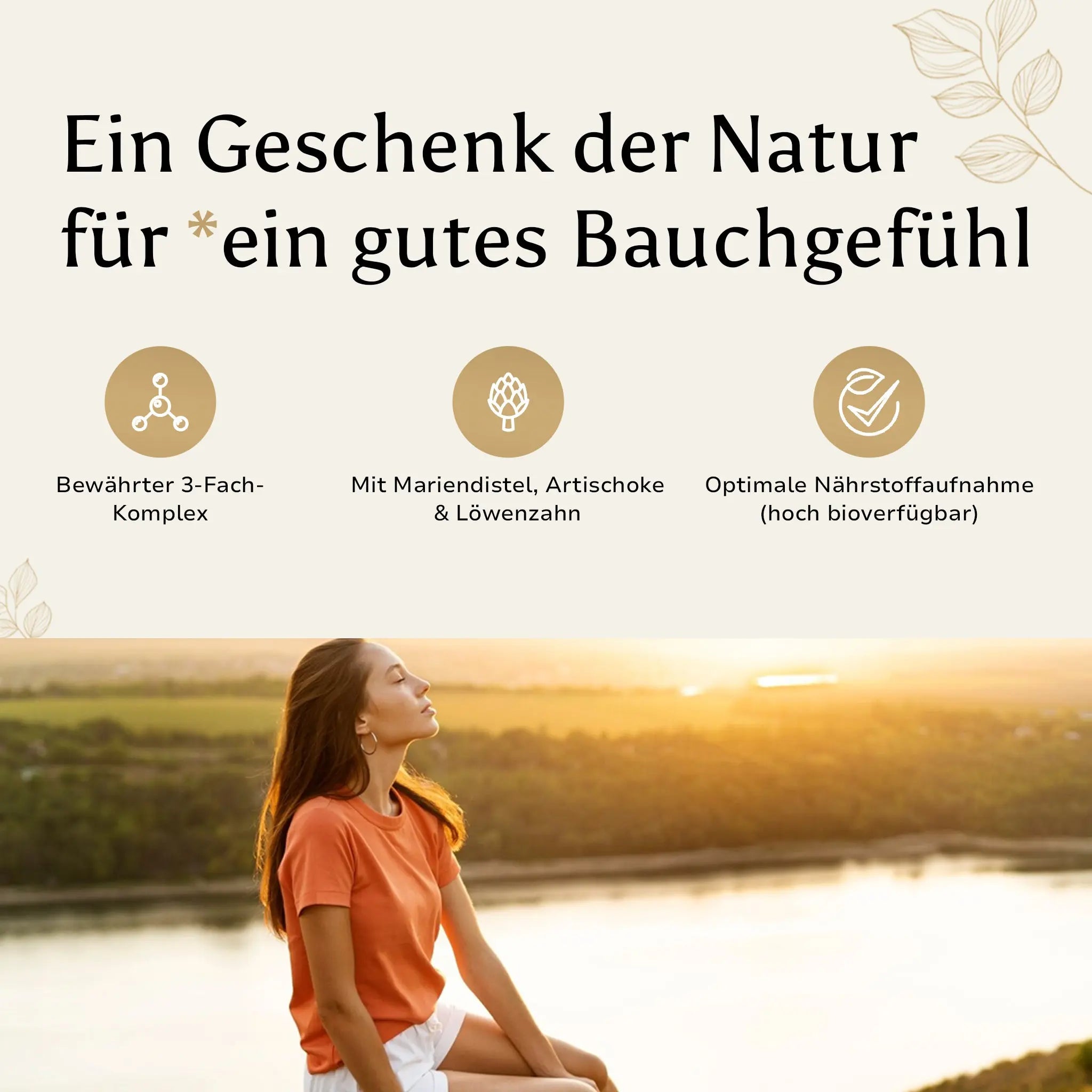 Werbegrafik mit dem Text 'Ein Geschenk der Natur für ein gutes Bauchgefühl' und Icons für 3-Fach-Komplex, Mariendistel, Artischocke, Löwenzahn und hohe Bioverfügbarkeit.