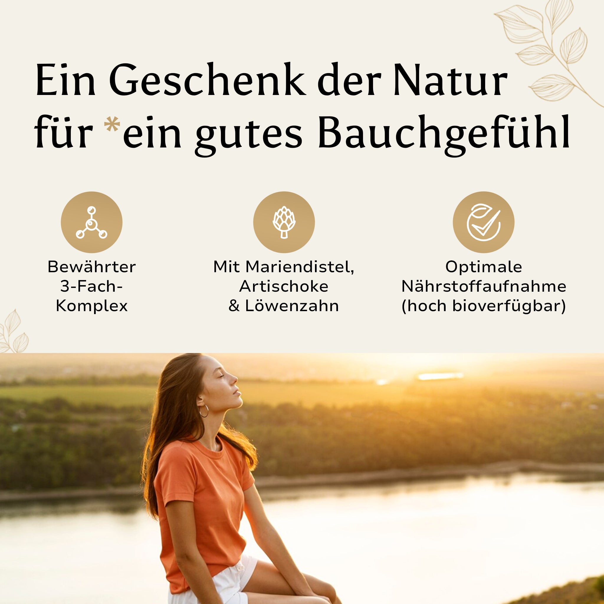 Werbegrafik mit dem Text 'Ein Geschenk der Natur für ein gutes Bauchgefühl' und Icons für 3-Fach-Komplex, Mariendistel, Artischocke, Löwenzahn und hohe Bioverfügbarkeit.