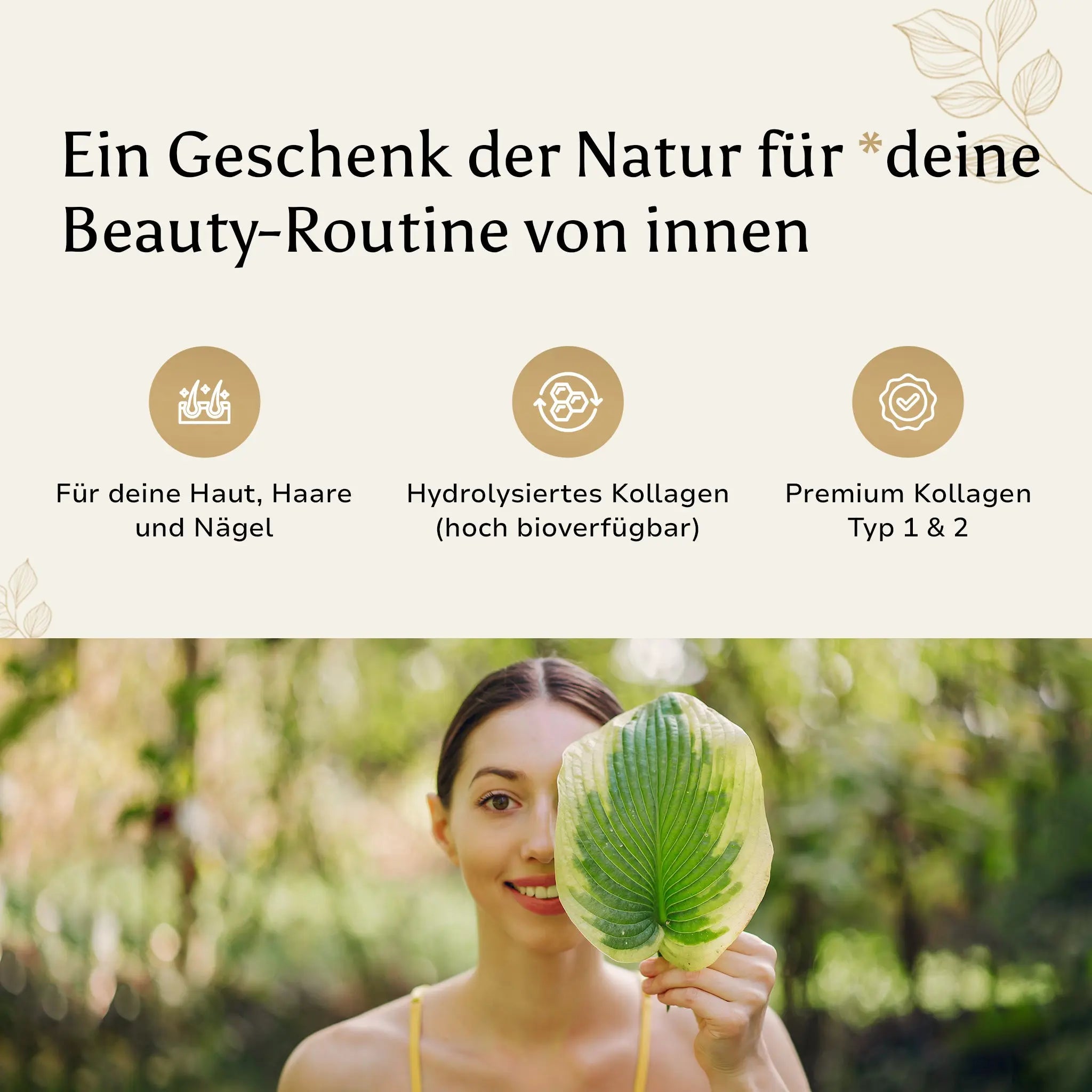 Werbegrafik mit dem Text 'Ein Geschenk der Natur für deine Beauty-Routine von innen' und Icons für Haut, Haare, Nägel, bioverfügbares Kollagen und Premium Kollagen Typ 1 & 2.