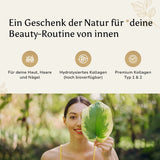 Werbegrafik mit dem Text 'Ein Geschenk der Natur für deine Beauty-Routine von innen' und Icons für Haut, Haare, Nägel, bioverfügbares Kollagen und Premium Kollagen Typ 1 & 2.