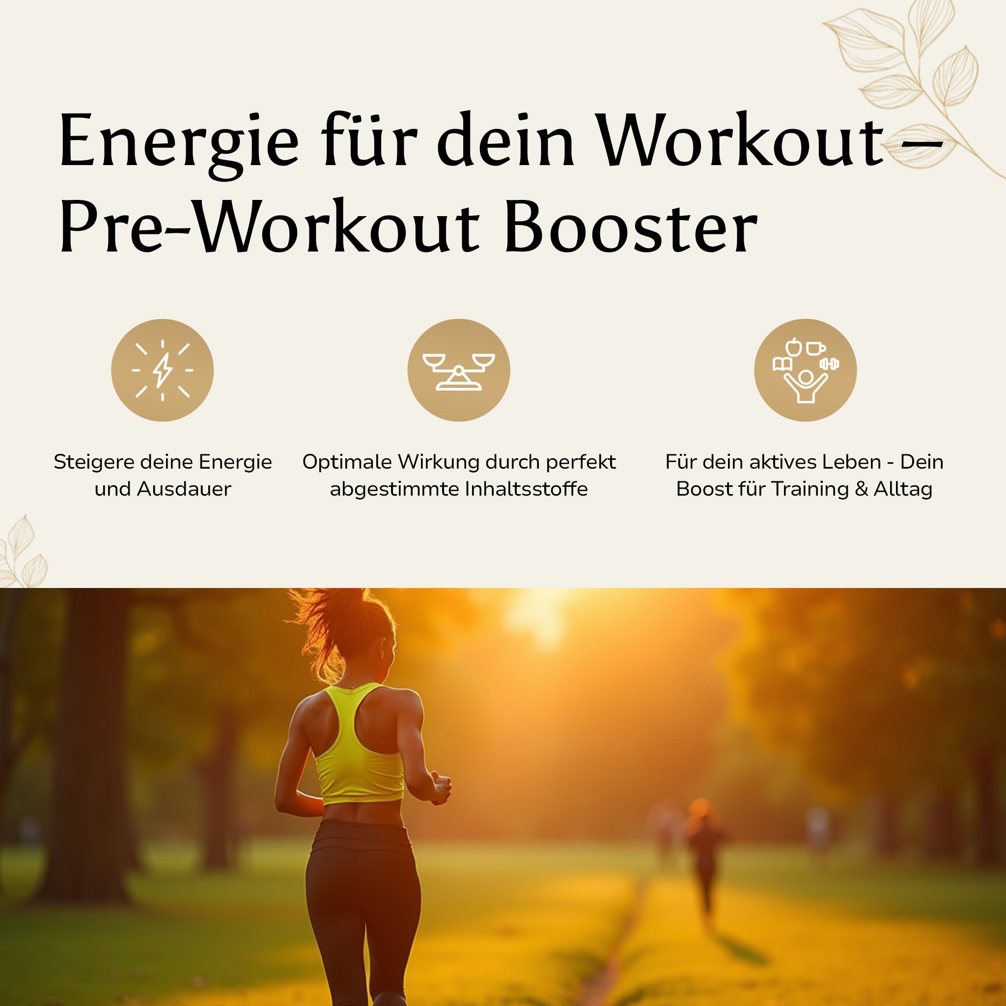 Frau joggt bei Sonnenuntergang, darüber Infografik mit Vorteilen des Pre-Workout Boosters für Energie.

