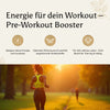Frau joggt bei Sonnenuntergang, darüber Infografik mit Vorteilen des Pre-Workout Boosters für Energie.

