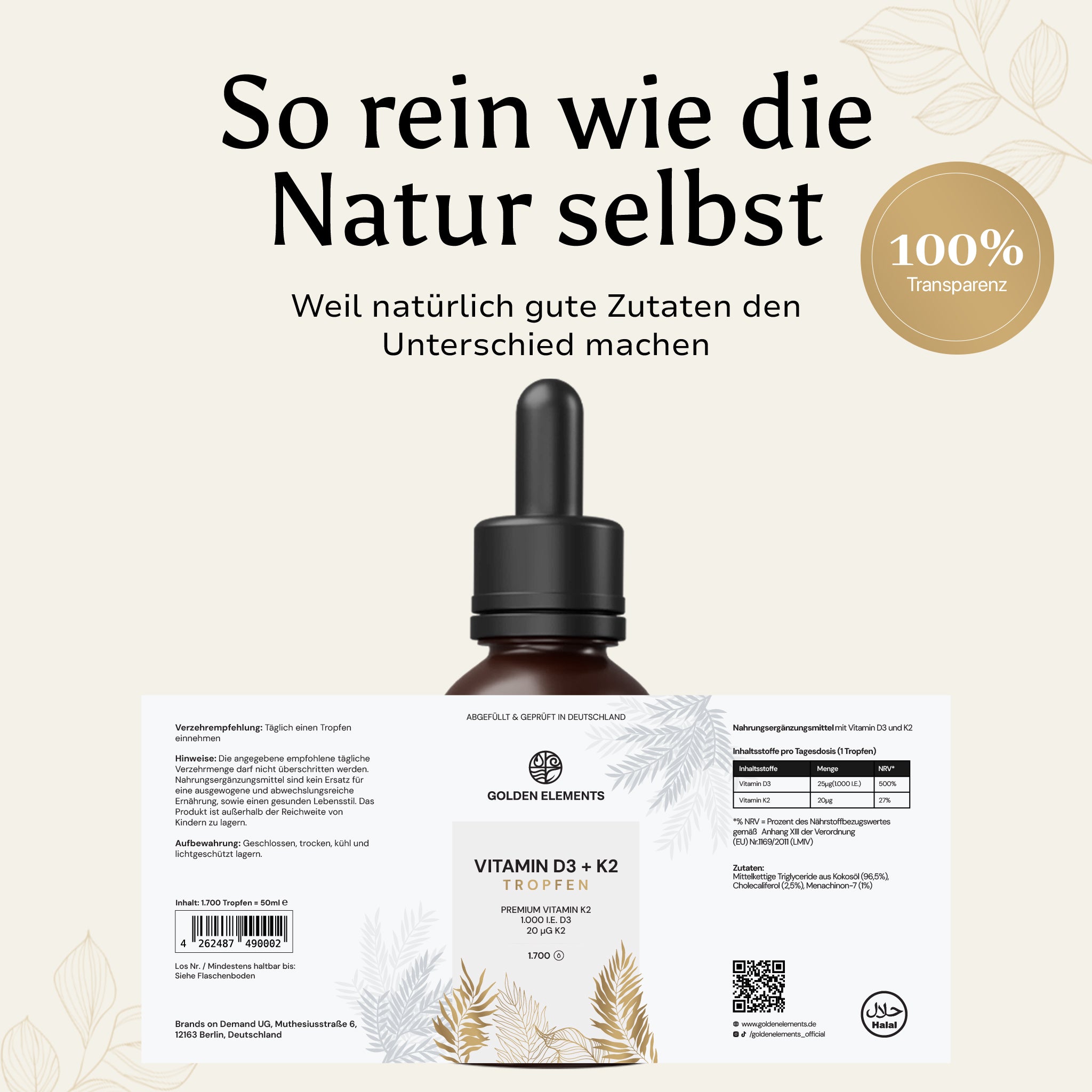 Golden Elements Vitamin D3 + K2 Tropfen – Etikett mit Inhaltsstoffen