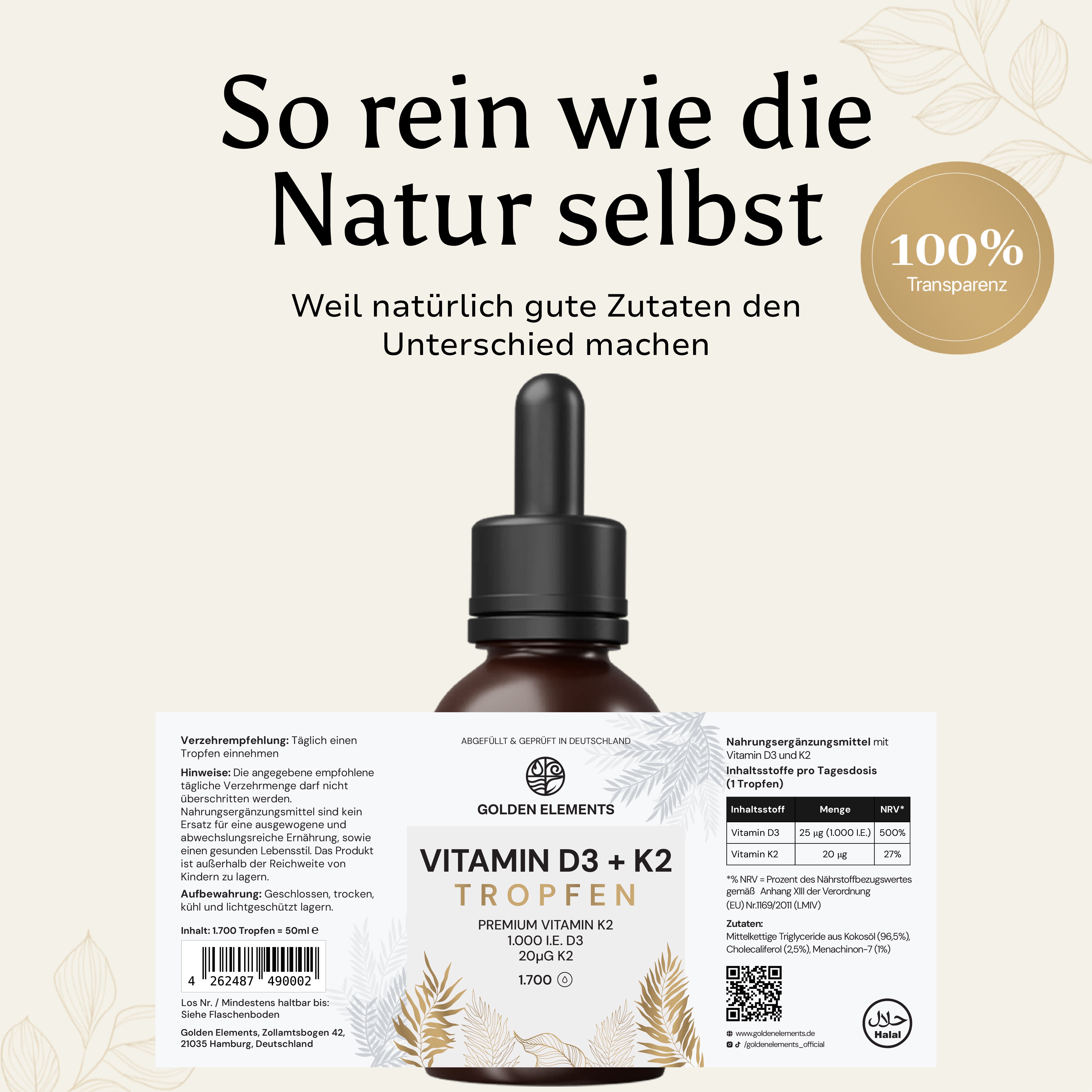 Golden Elements Vitamin D3 + K2 Tropfen – Etikett mit Inhaltsstoffen