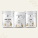 Drei hochwertige Nahrungsergänzungsmittel von Golden Elements im Beauty & Glow Bundle: Marine Kollagen Kapseln, MSM Pulver und L-Lysin Kapseln – stilvoll arrangiert auf hellem Hintergrund mit zarten Pflanzenmotiven.