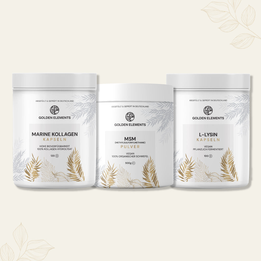 Drei hochwertige Nahrungsergänzungsmittel von Golden Elements im Beauty & Glow Bundle: Marine Kollagen Kapseln, MSM Pulver und L-Lysin Kapseln – stilvoll arrangiert auf hellem Hintergrund mit zarten Pflanzenmotiven.