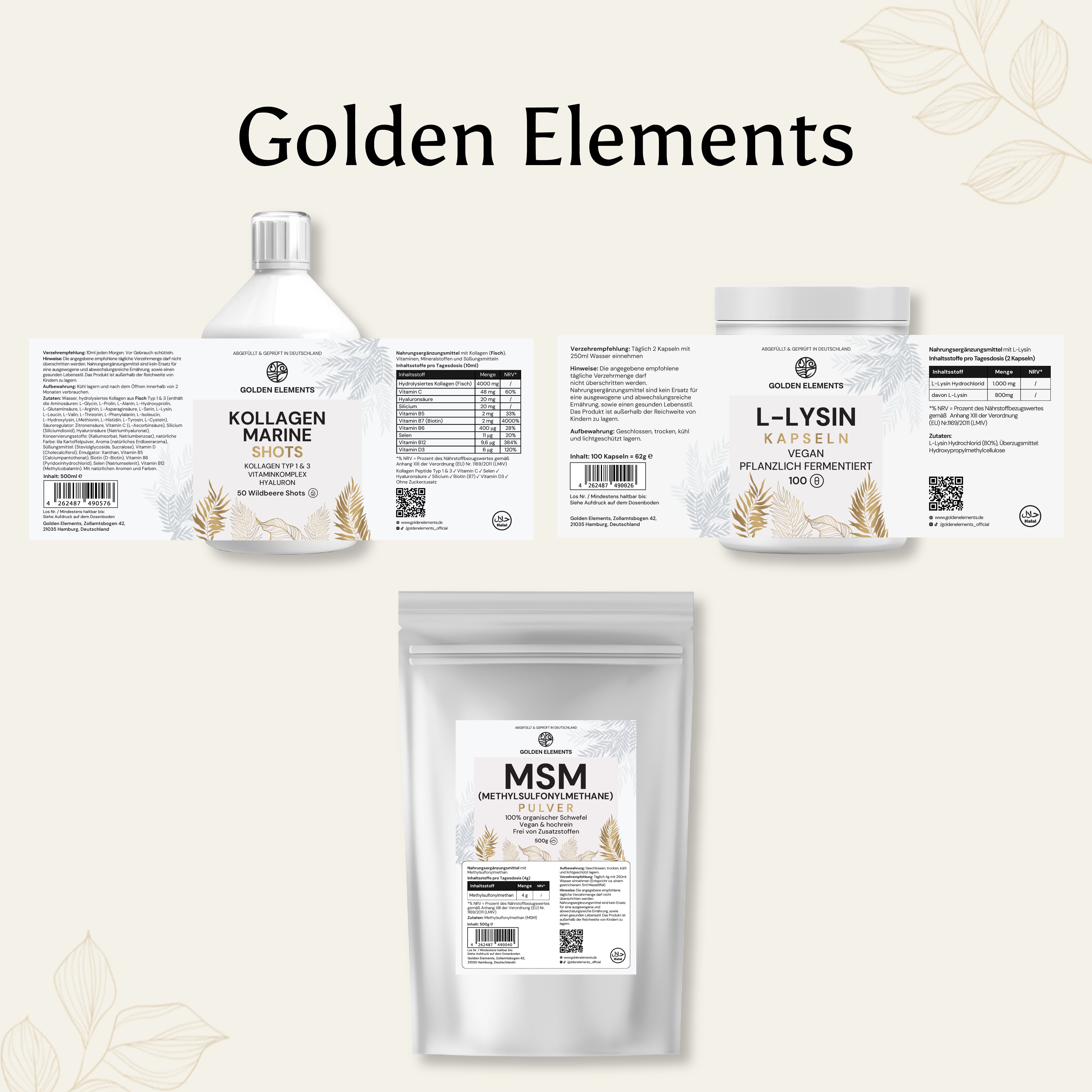 Golden Elements Beauty and Glow Bundle mit Kollagen Marine Shots, MSM Pulver und L-Lysin Kapseln – Produktetiketten