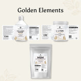 Golden Elements Beauty and Glow Bundle mit Kollagen Marine Shots, MSM Pulver und L-Lysin Kapseln – Produktetiketten