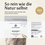Verpackung von Golden Elements Bienenbrot (Perga) mit detaillierten Informationen zur Herkunft, Nährwerttabelle und Verzehrempfehlung. Enthält fermentierte Blütenpollen direkt vom Imker, 100% natürlich und geprüft in Deutschland.