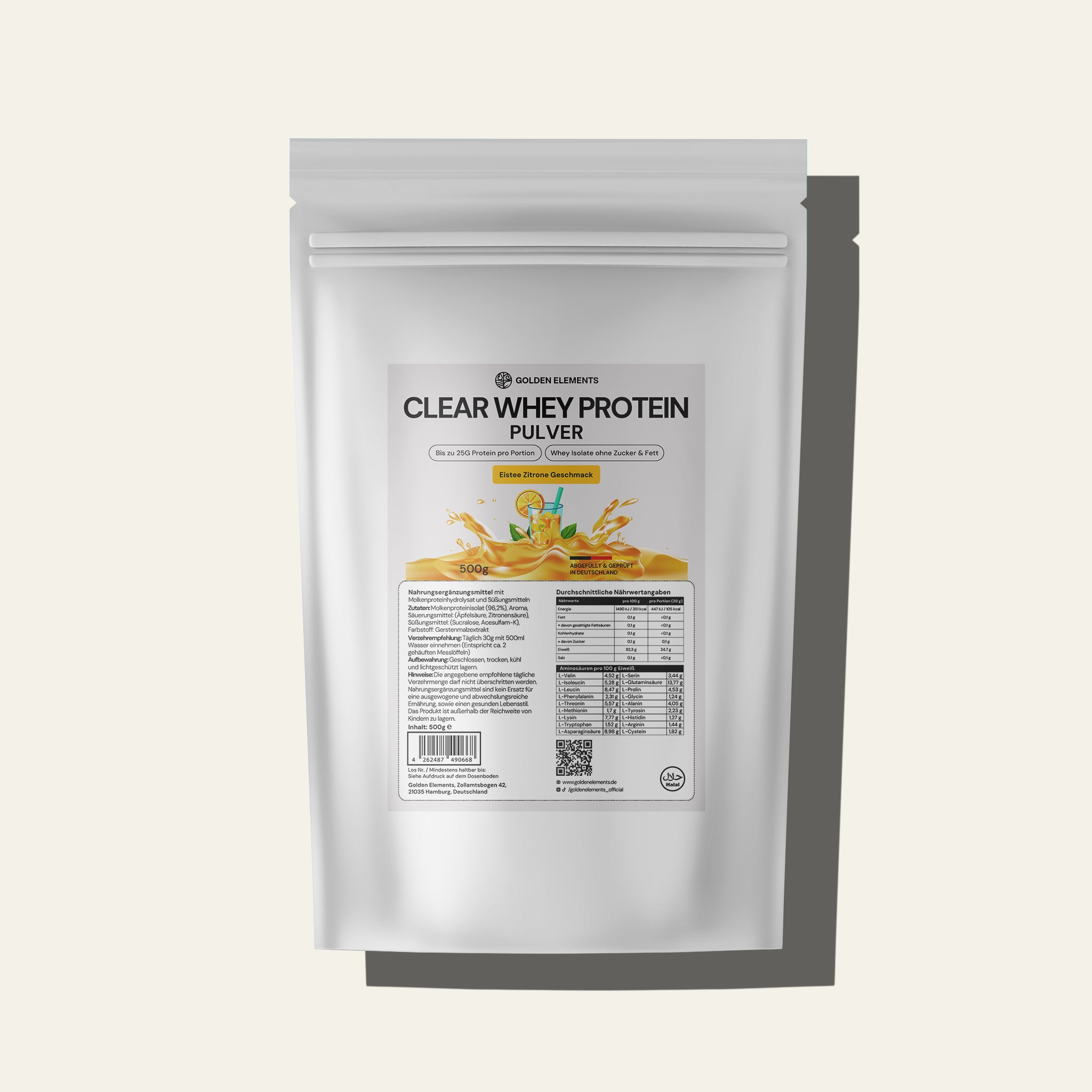 Golden Elements Clear Whey Protein Zitronen-Eistee Geschmack – Hauptproduktbild des klaren Whey-Proteinpulvers im weißen Doypack