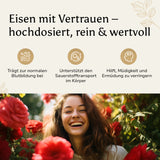 Golden Elements Eisen Tabletten – Lifestyle-Mockup mit Frau und Produktvorteilen eines hochdosierten, reinen Eisenpräparats