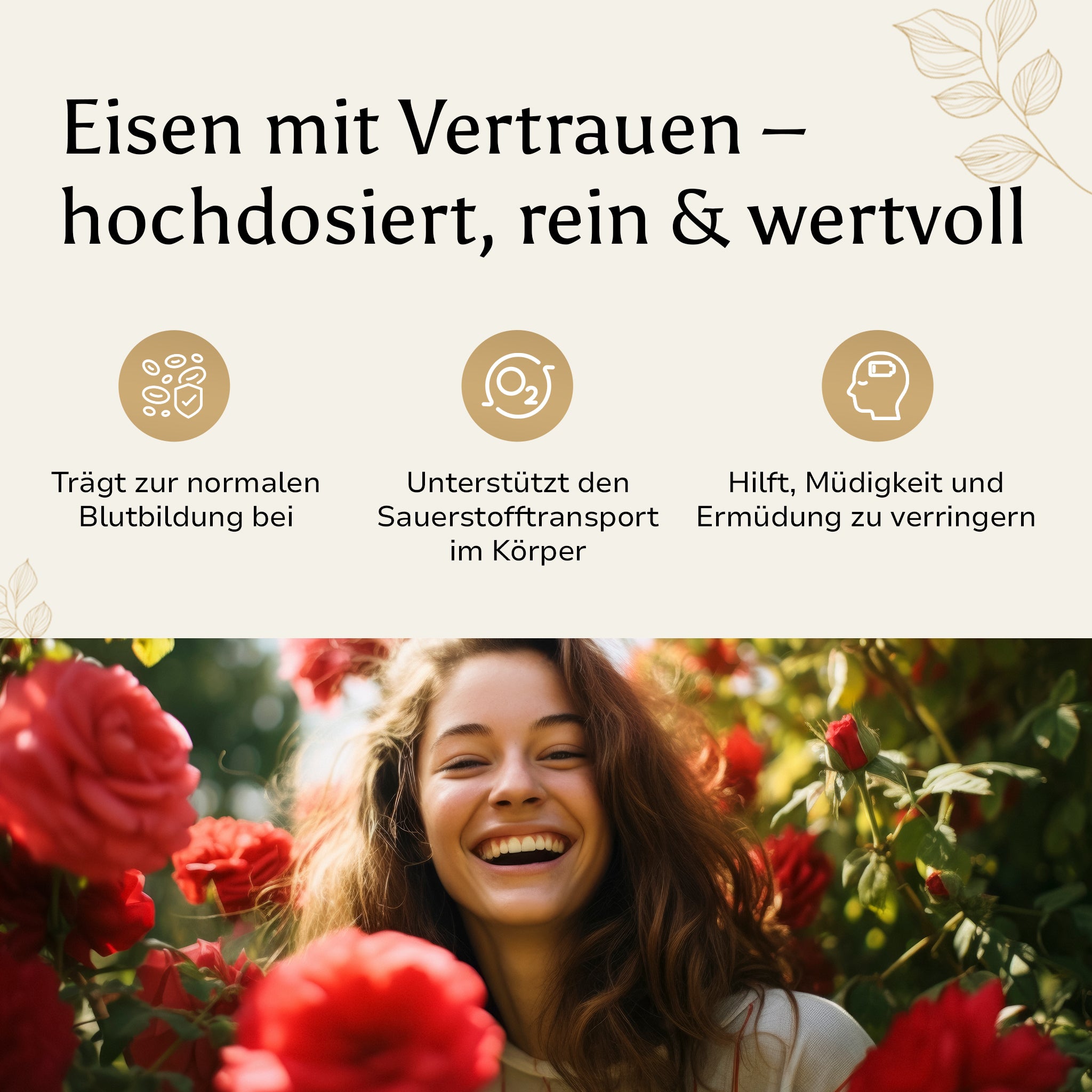 Golden Elements Eisen Tabletten – Lifestyle-Mockup mit Frau und Produktvorteilen eines hochdosierten, reinen Eisenpräparats