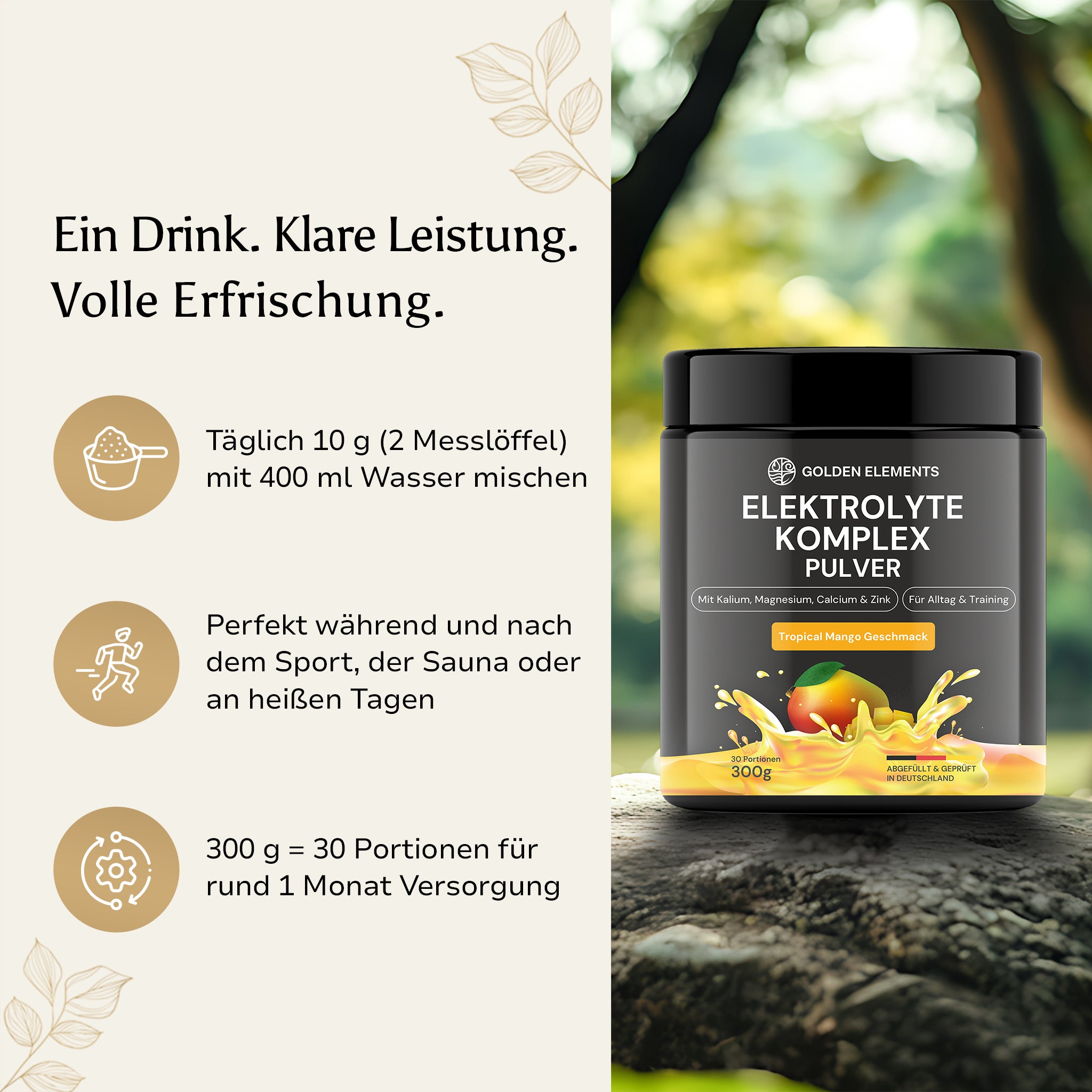 Golden Elements Elektrolyte Komplex Pulver Mango Geschmack – Produktfoto im Grünen mit Fokus auf fruchtige Frische und Dosierung