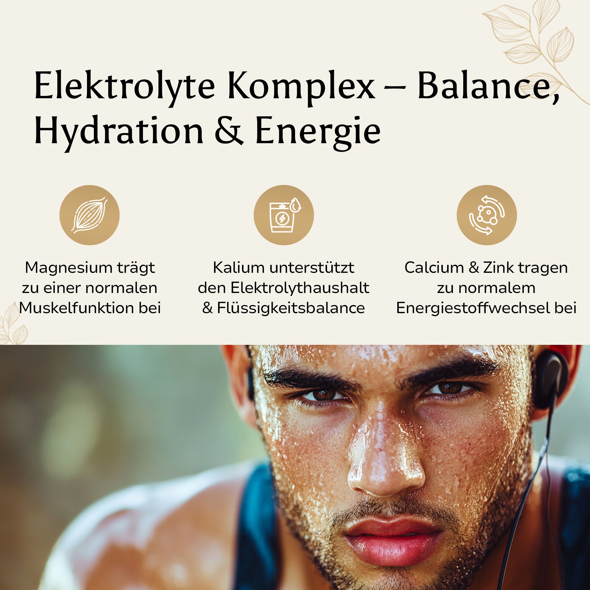 Golden Elements Elektrolyte Komplex Pulver Mango Geschmack – Lifestyle-Mockup mit Sportler für Hydration, Balance und Energie