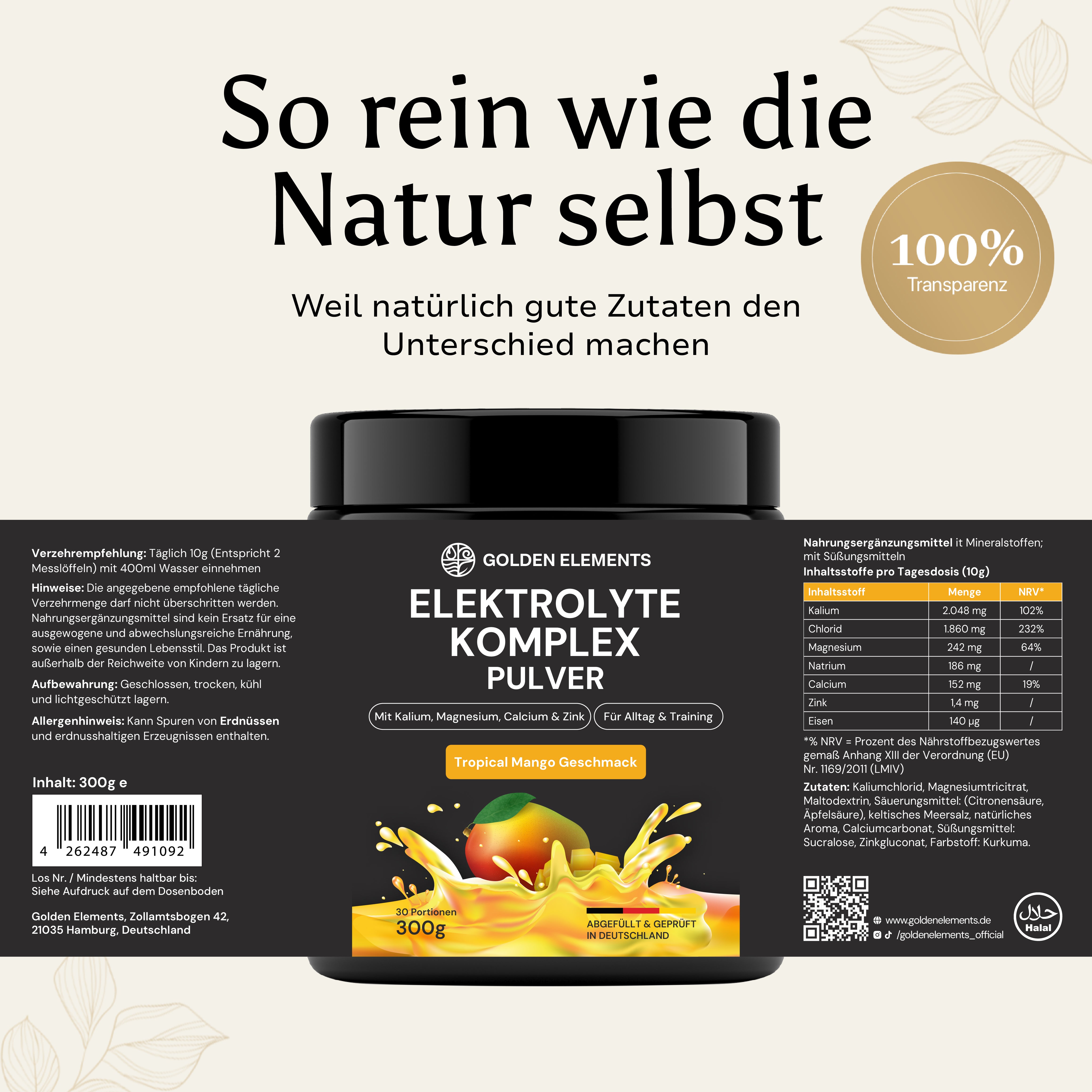 Golden Elements Elektrolyte Komplex Pulver Mango Geschmack – Vergleichsgrafik zu herkömmlichen Elektrolyt-Produkten