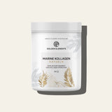 Golden Elements Marine Kollagen Kapseln in weißer Dose mit goldenen Pflanzenmustern, hohe Bioverfügbarkeit, 100 % Kollagen Hydrolysat.