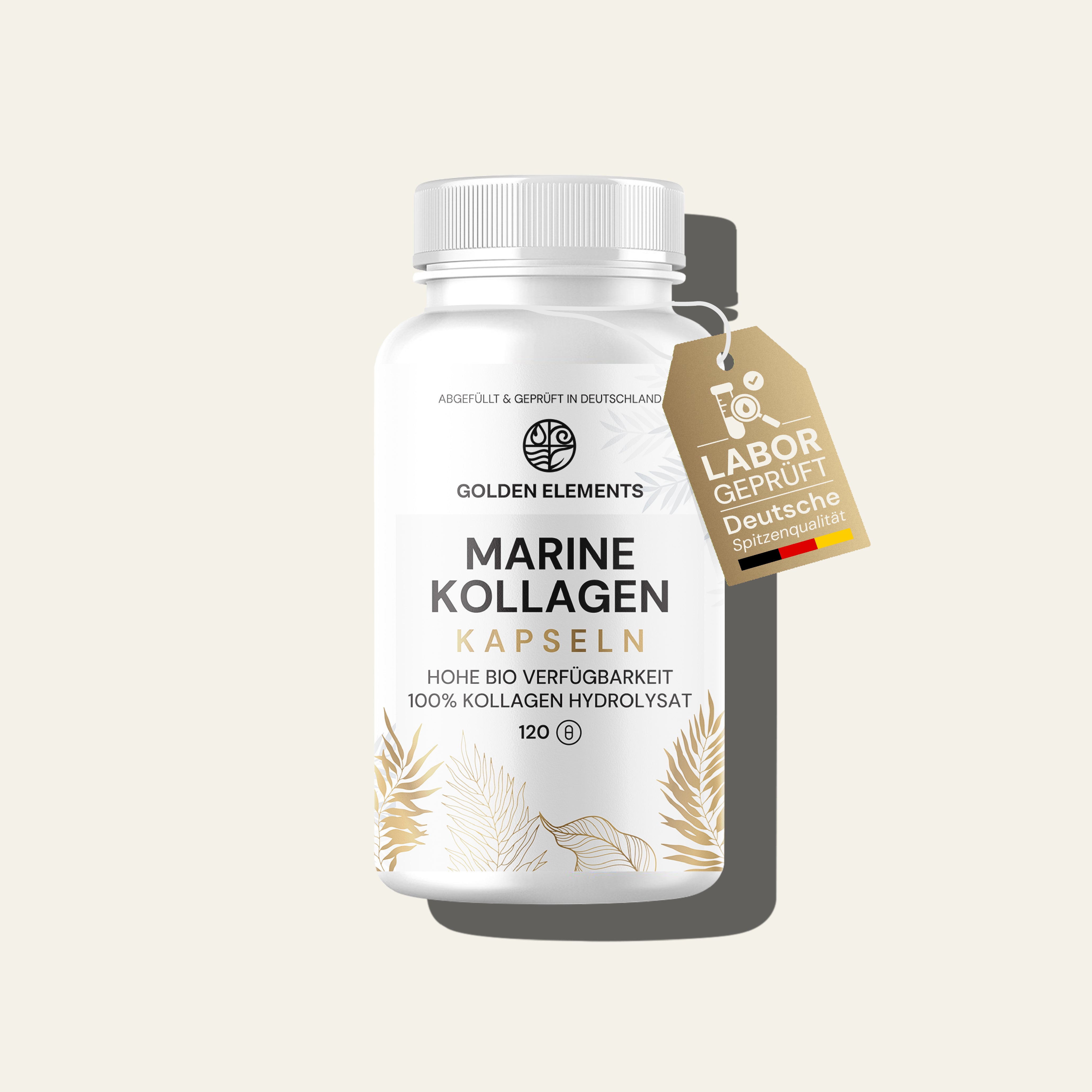Golden Elements Marine Kollagen Kapseln in weißer Dose mit goldenen Pflanzenmustern, hohe Bioverfügbarkeit, 100 % Kollagen Hydrolysat.