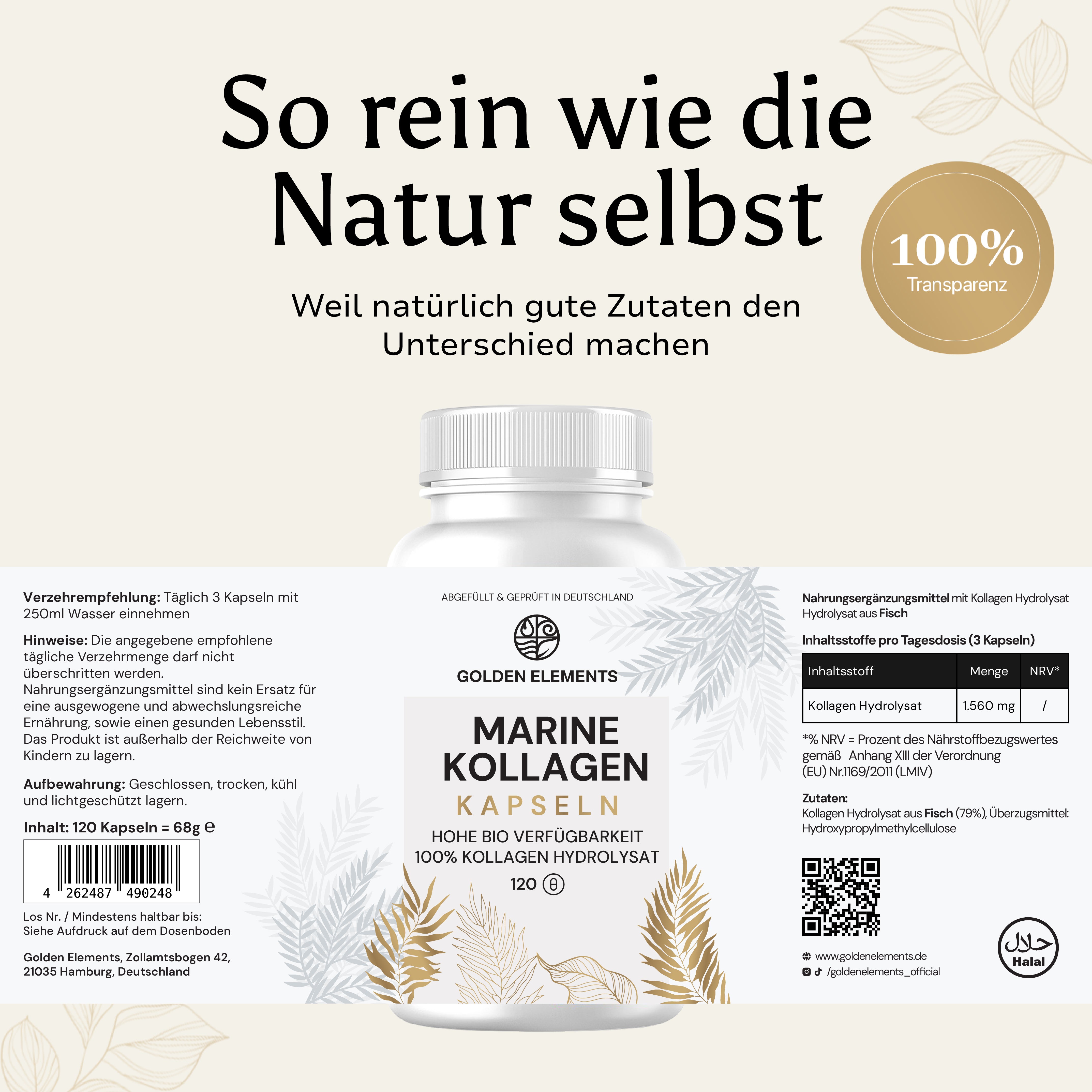 Produktetikett von Golden Elements Fischkolagen(Marine) Kollagen Kapseln – 120 Kapseln mit hoher Bioverfügbarkeit, aus 100% Kollagen Hydrolysat, inklusive Anwendungsempfehlung und Nährwertangaben.