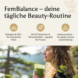 Golden Elements Frauen Kollagen & Vitamine Shots – Lifestyle-Mockup mit Frau und Hinweis auf tägliche Beauty-Routine