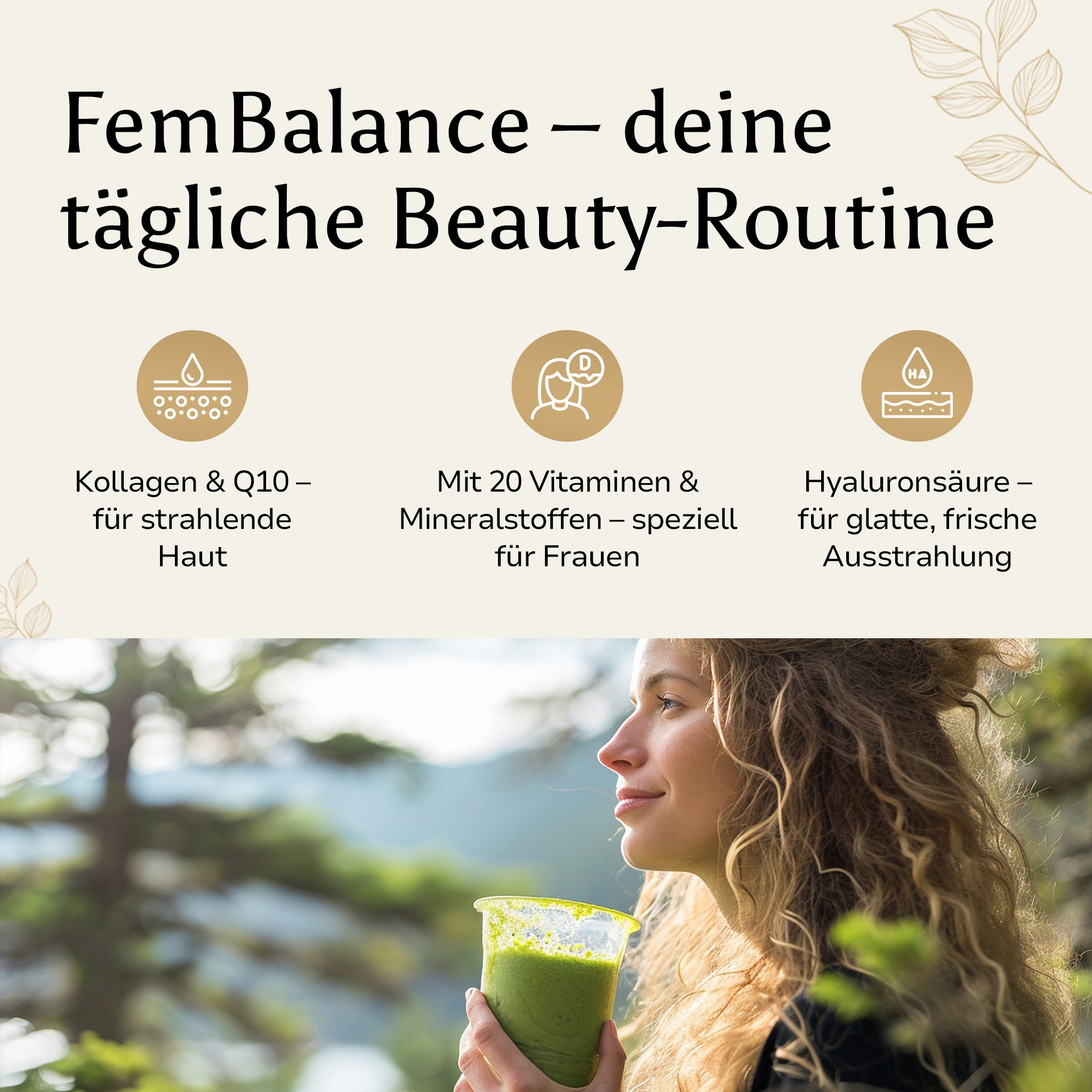 Golden Elements Frauen Kollagen & Vitamine Shots – Lifestyle-Mockup mit Frau und Hinweis auf tägliche Beauty-Routine