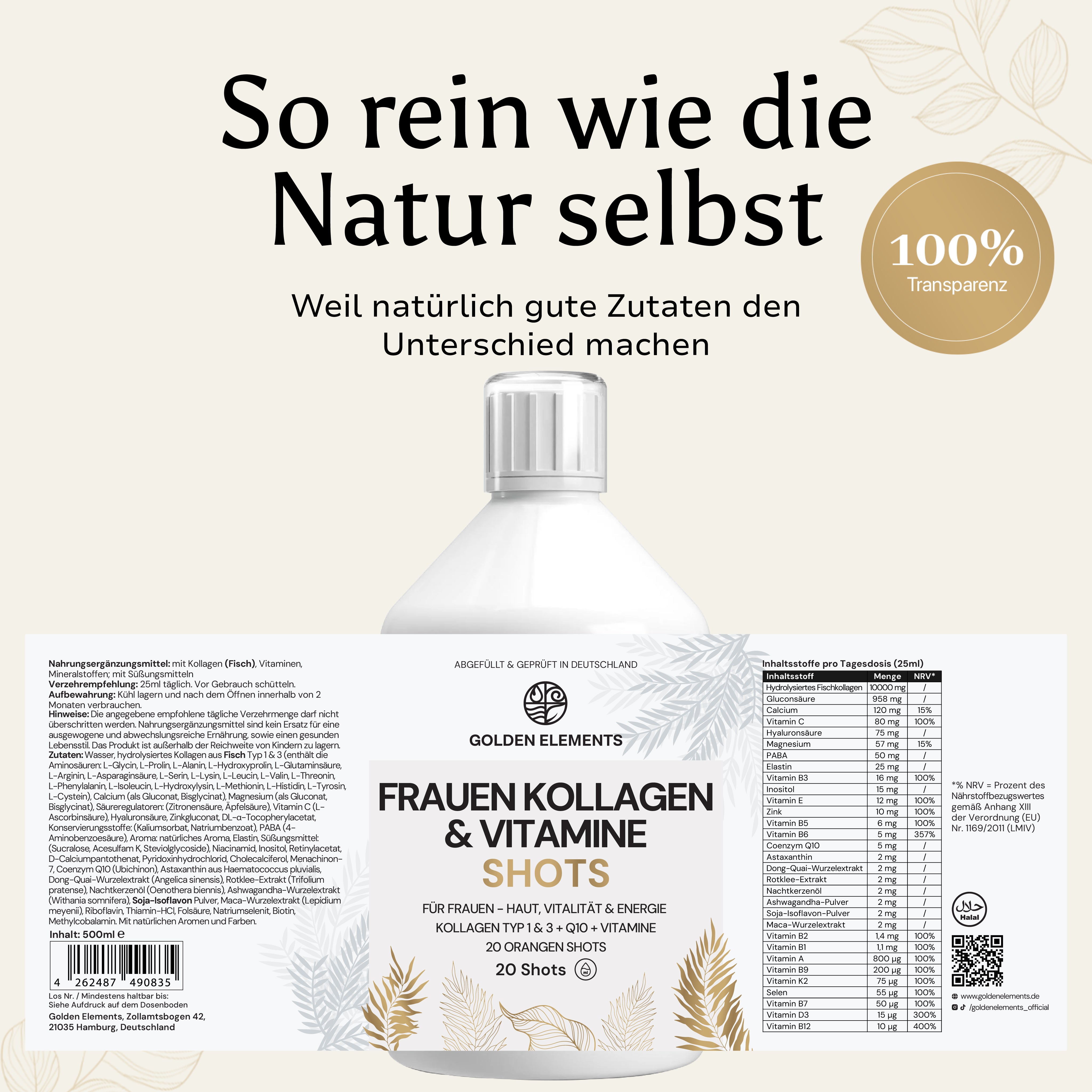 Golden Elements Frauen Kollagen & Vitamine Shots – Rückseite der Verpackung mit Zutatenliste und Nährwertangaben