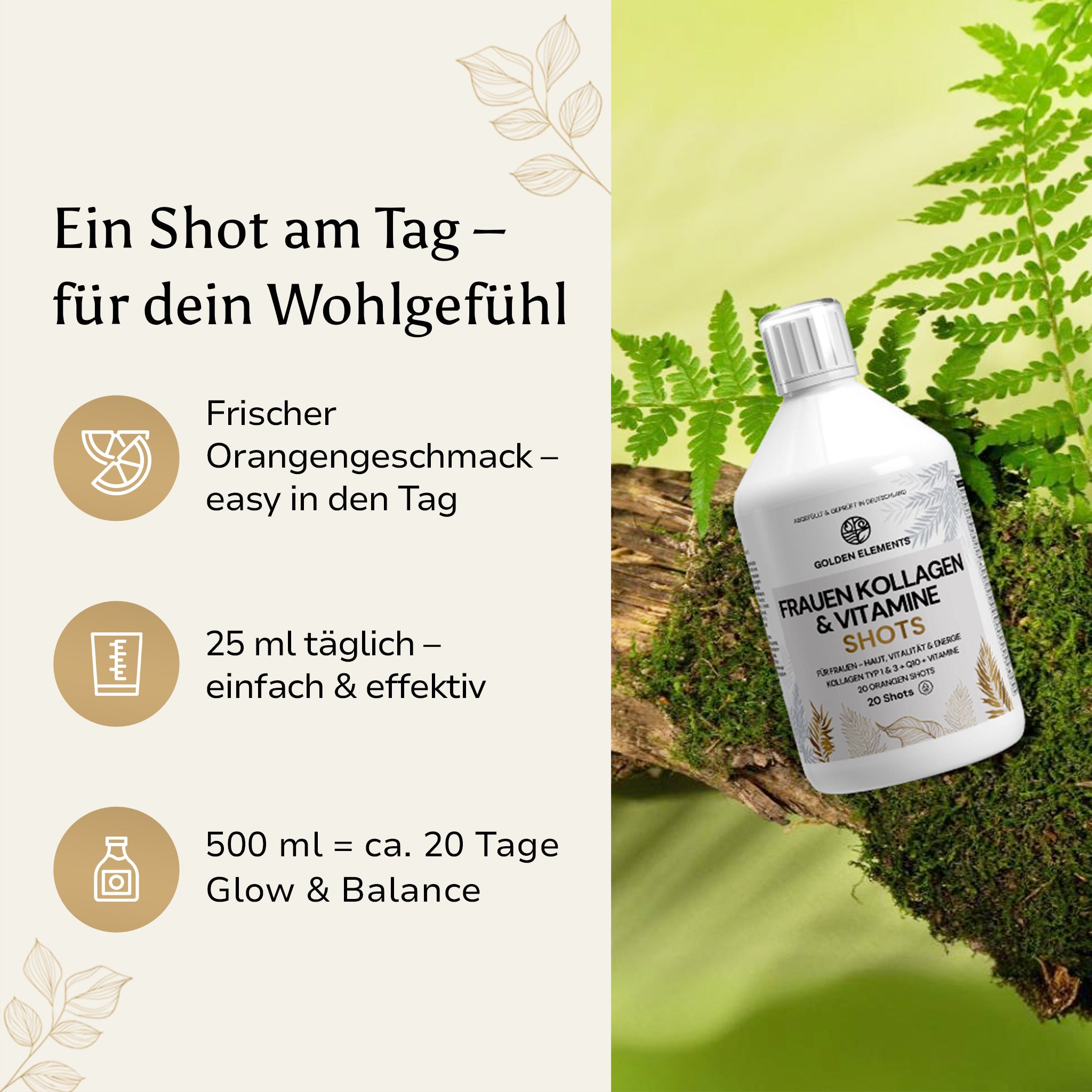 Golden Elements Frauen Kollagen & Vitamine Shots – Produktfoto in Naturumgebung mit Fokus auf tägliche Anwendung und Wohlbefinden
