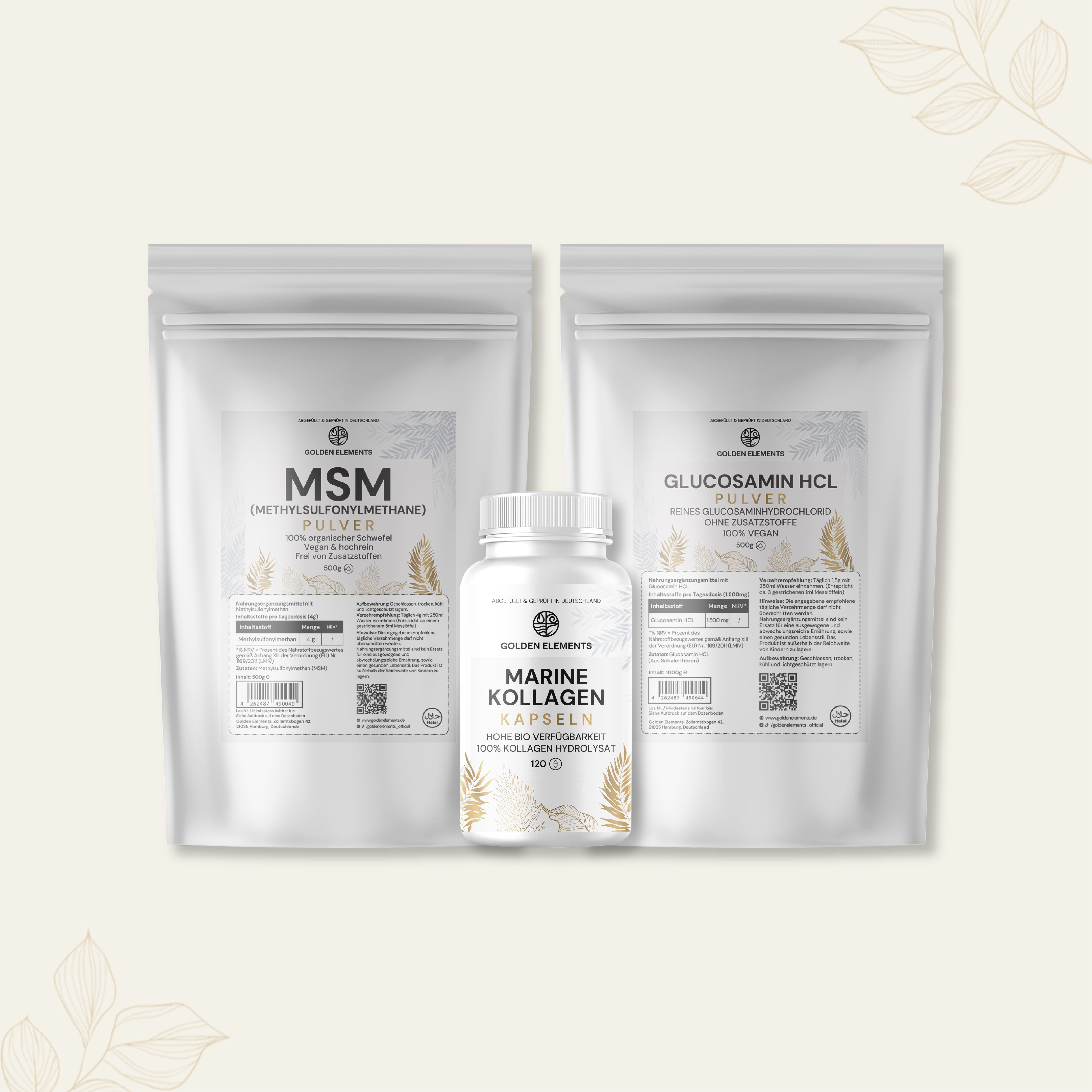 Golden Elements Gelenk Support Bundle mit MSM Pulver, Glucosamin HCL Pulver und Marine Kollagen Kapseln – Produktübersicht