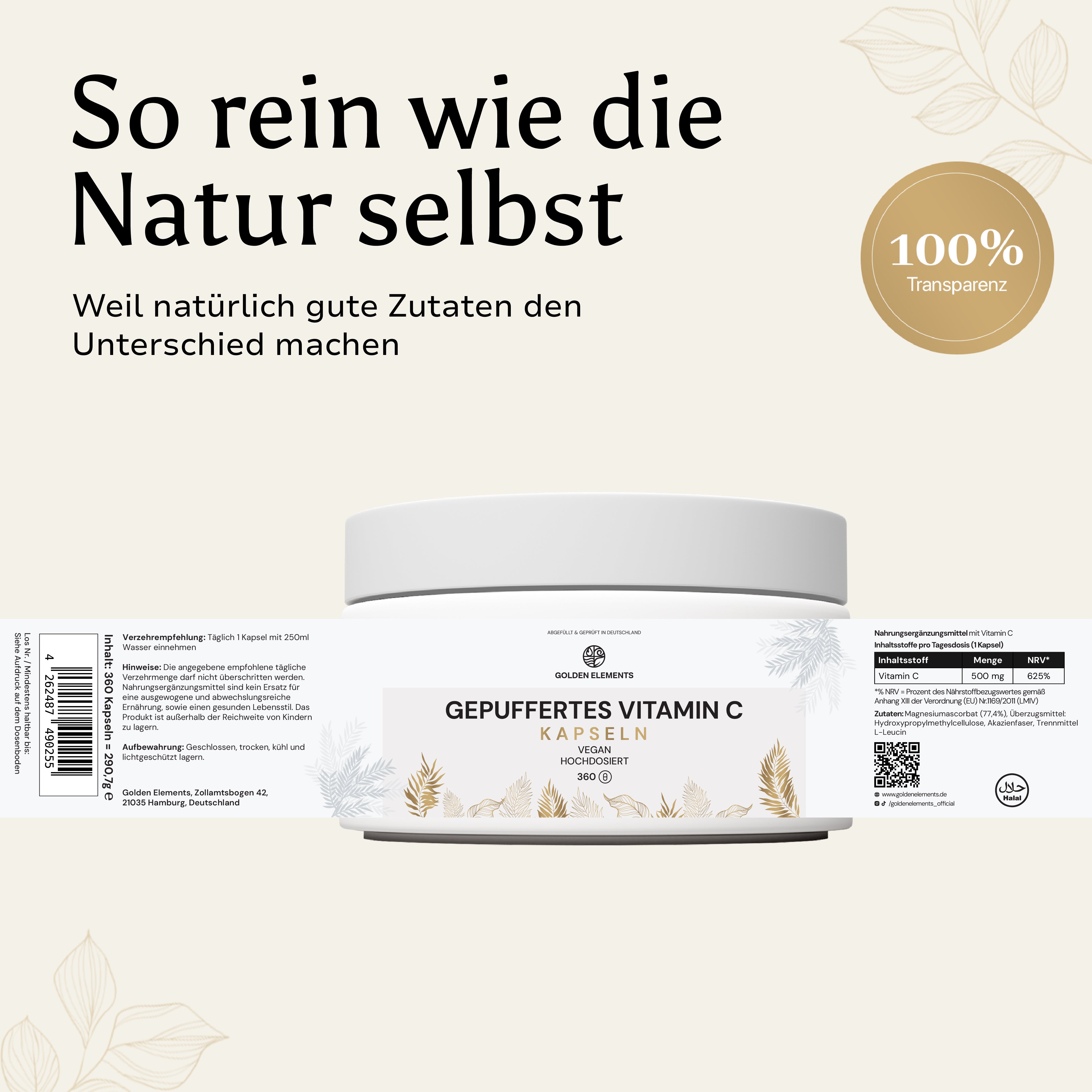 Produktetikett von Golden Elements Gepuffertes Vitamin C Kapseln – 180 Kapseln hochdosiertes Vitamin C mit Anwendungsempfehlung und Nährwertangaben.