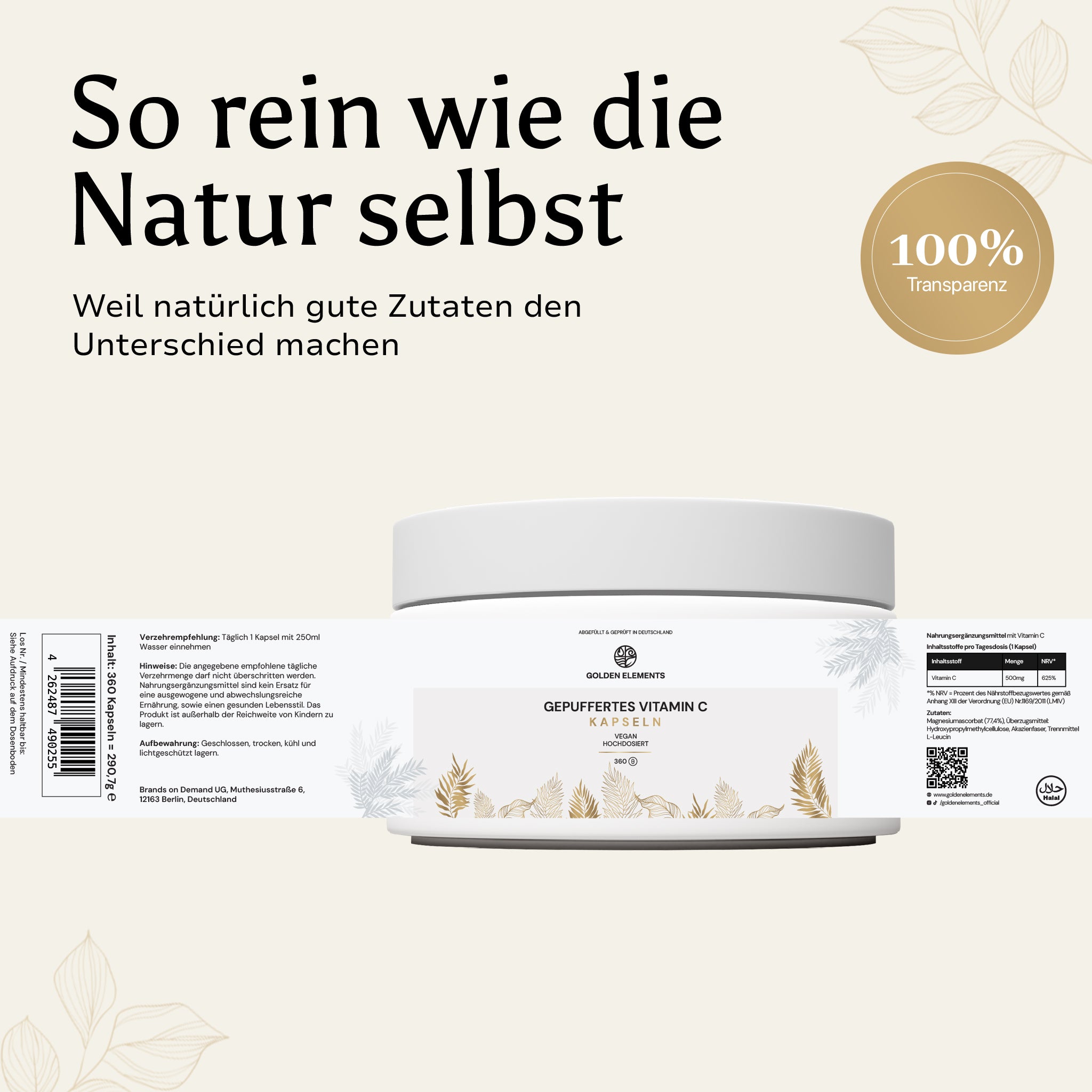 Produktetikett der gepufferten Vitamin C Kapseln von Golden Elements mit transparenten Angaben zur Zusammensetzung