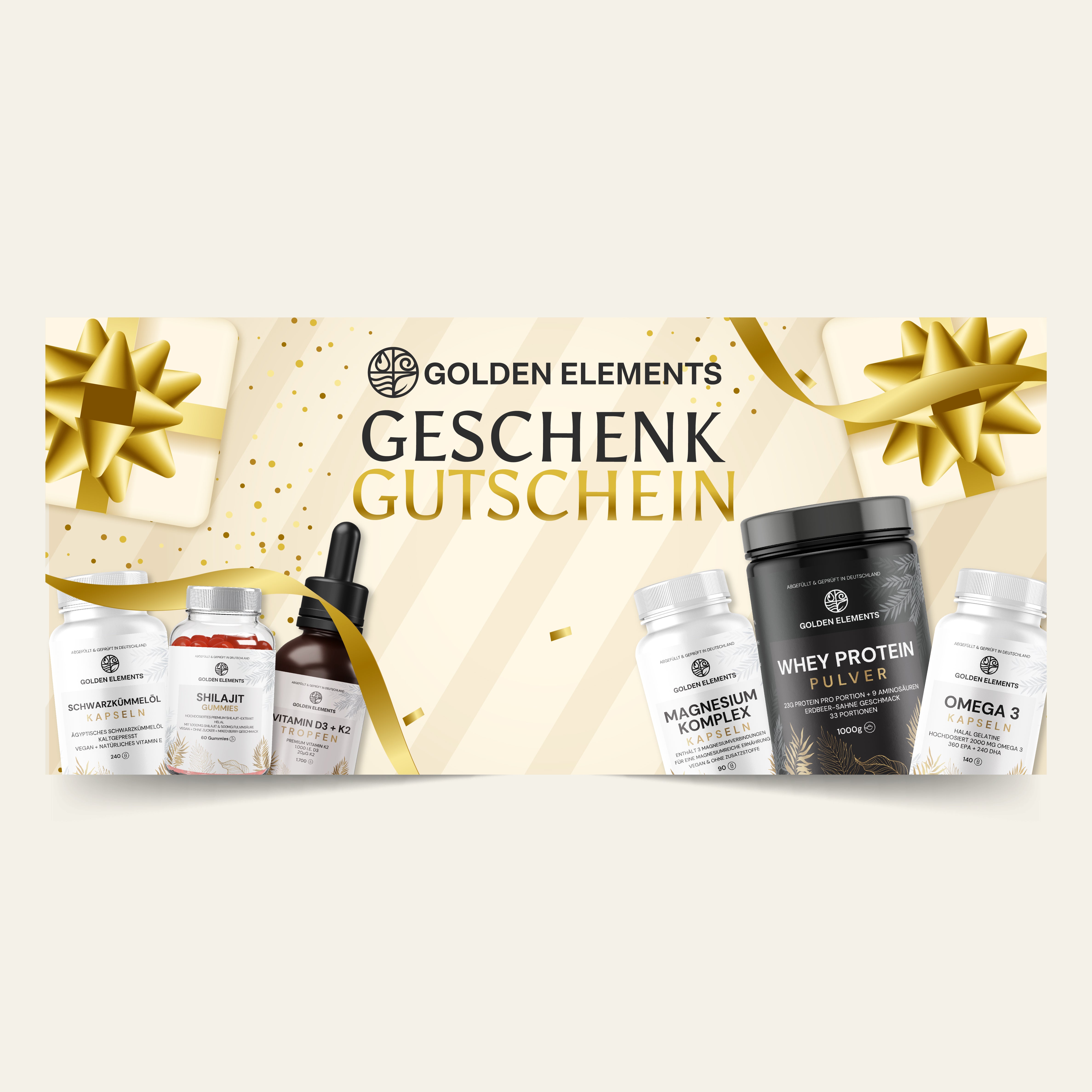 Golden Elements Geschenkgutschein mit hochwertigen Supplements wie Schwarzkümmelöl Kapseln, Shilajit, Vitamin D3 + K2 Tropfen, Magnesium Komplex, Whey Protein Pulver und Omega 3 Kapseln, verziert mit goldenen Geschenk-Schleifen.