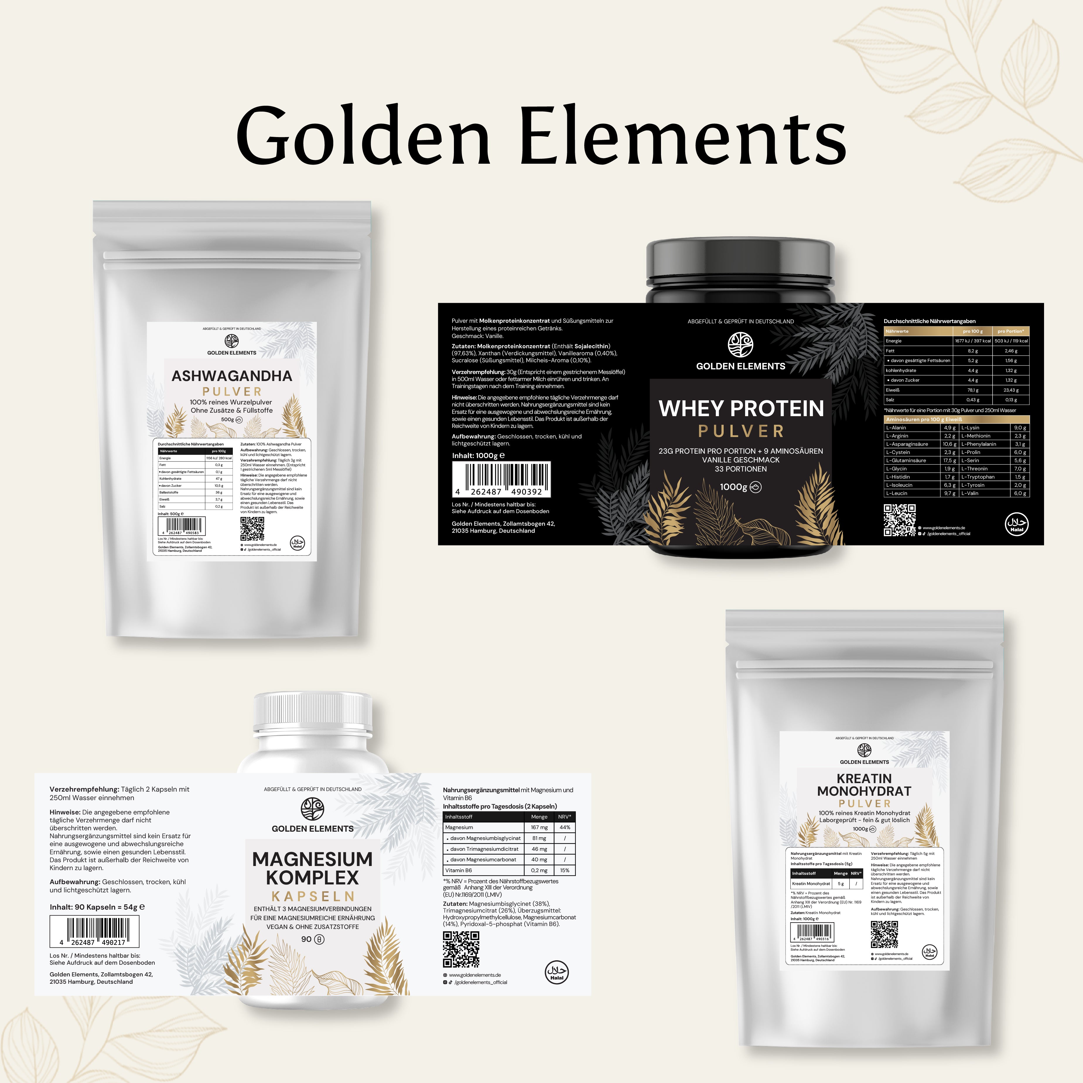 Golden Elements Kraftpaket Bundle mit Ashwagandha Pulver, Whey Protein Pulver, Magnesium Komplex Kapseln und Kreatin Monohydrat Pulver – Produktetiketten