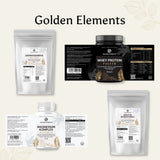 Golden Elements Kraftpaket Bundle mit Ashwagandha Pulver, Whey Protein Pulver, Magnesium Komplex Kapseln und Kreatin Monohydrat Pulver – Produktetiketten