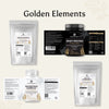 Golden Elements Kraftpaket Bundle mit Ashwagandha Pulver, Whey Protein Pulver, Magnesium Komplex Kapseln und Kreatin Monohydrat Pulver – Produktetiketten