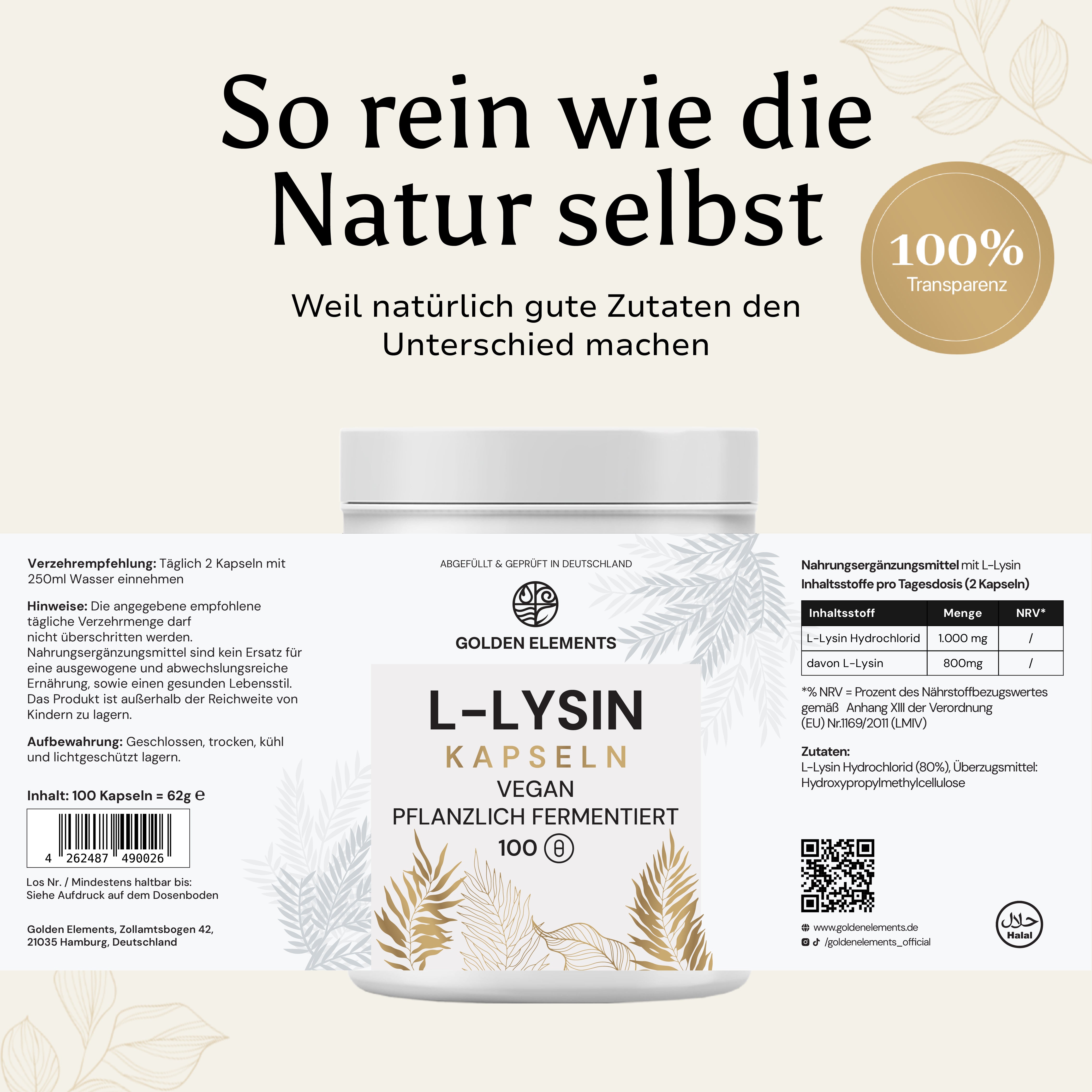 Produktetikett von Golden Elements L-Lysin Kapseln – 100 Kapseln mit pflanzlich fermentiertem L-Lysin, Anwendungsempfehlung, Nährwertangaben und Qualitätsmerkmalen.