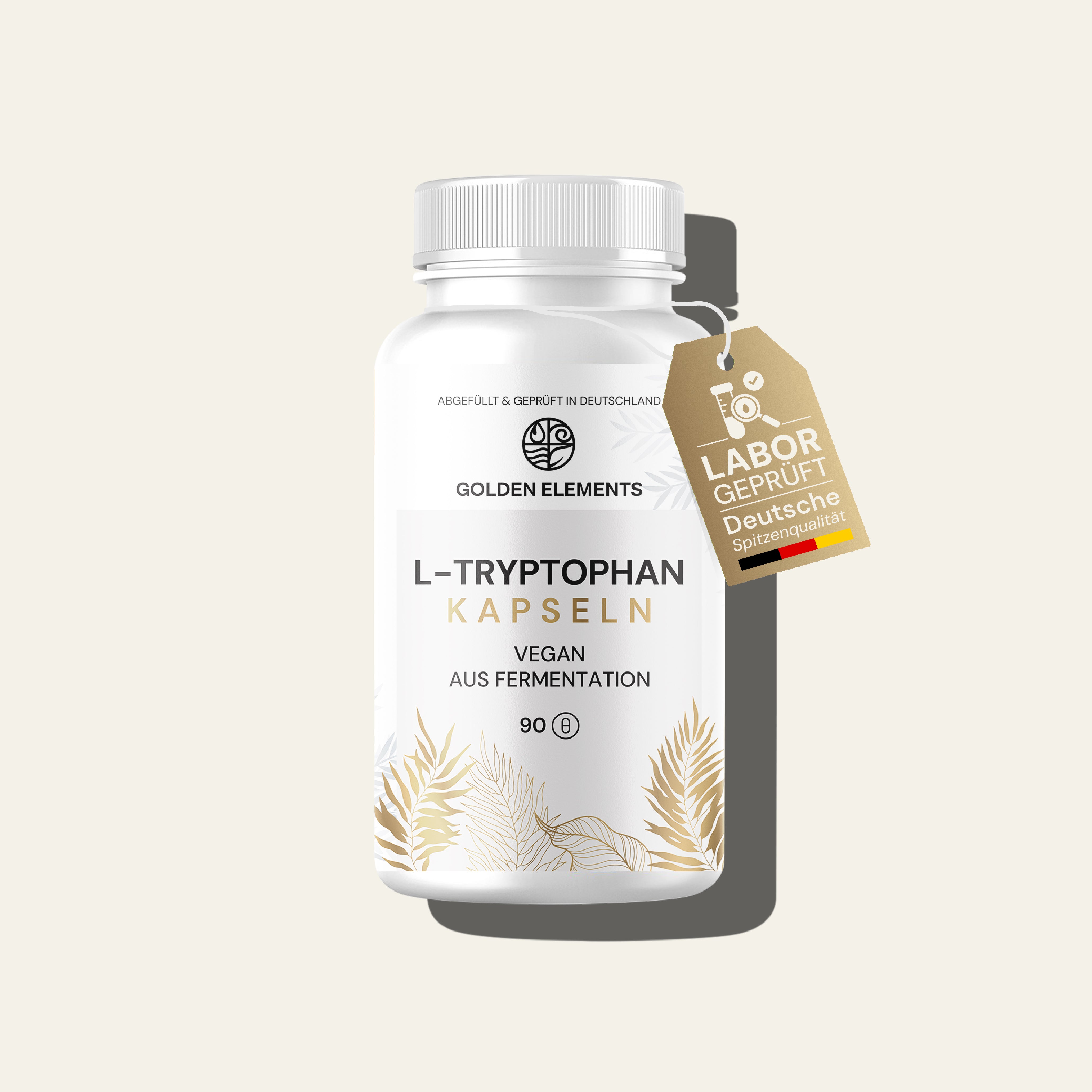 L-Tryptophan Kapseln von Golden Elements – klar fokussiertes Produktdesign mit goldenen Blättern.