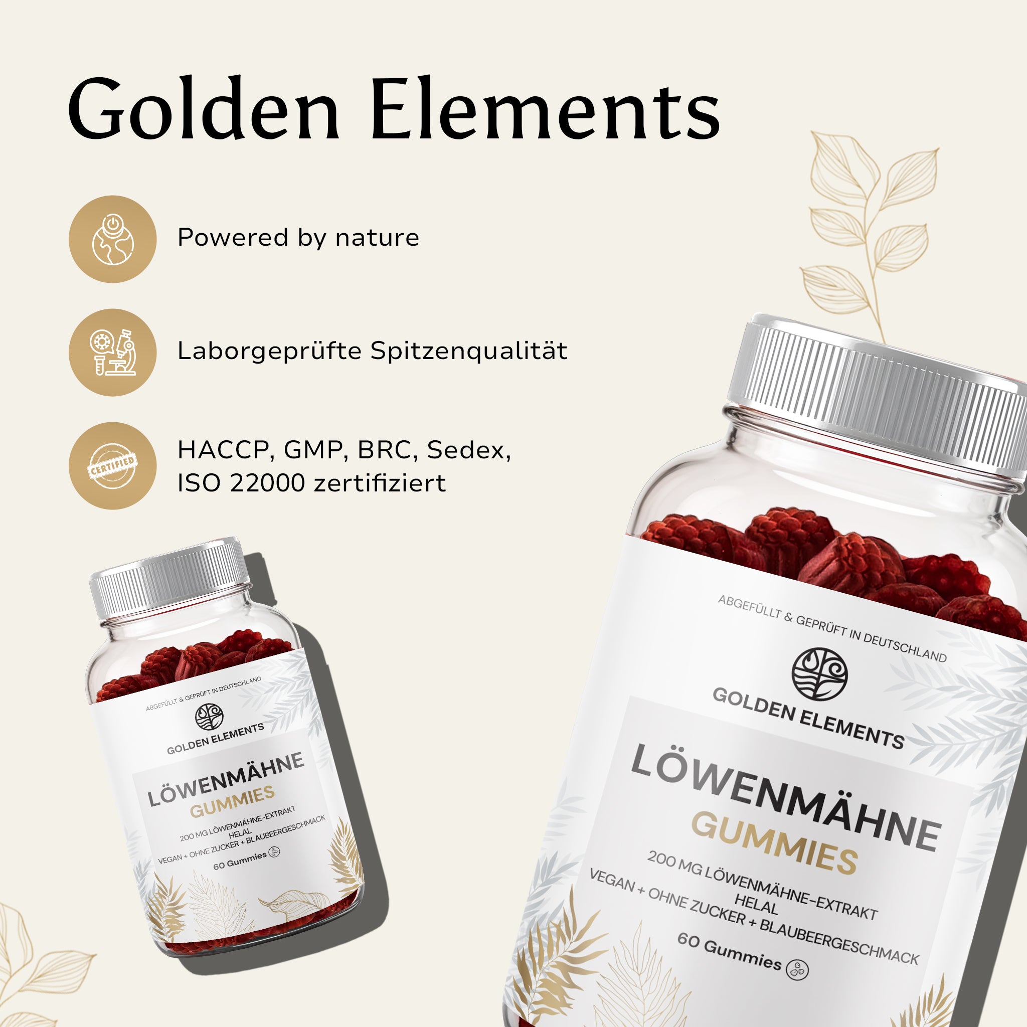  Präsentation der Löwenmähne Gummies mit Zertifizierungen wie HACCP, GMP, BRC und ISO 22000 für höchste Standards.