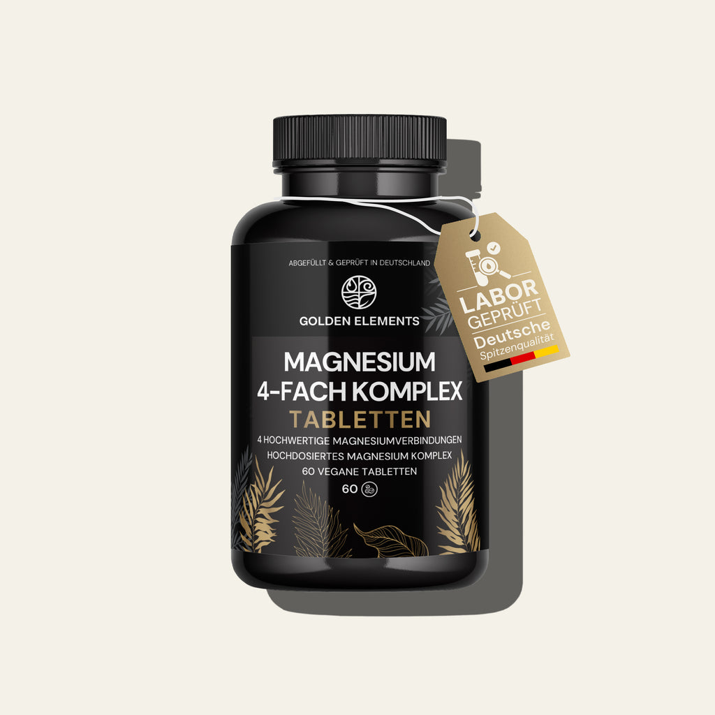 Golden Elements Magnesium 4-Fach Komplex Tabletten – Hauptproduktbild des hochdosierten Magnesium-Komplexes im schwarzen Premiumbehälter