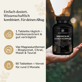 Golden Elements Magnesium 4-Fach Komplex Tabletten – Produktfoto mit Handhaltung und Informationen zur idealen täglichen Dosierung