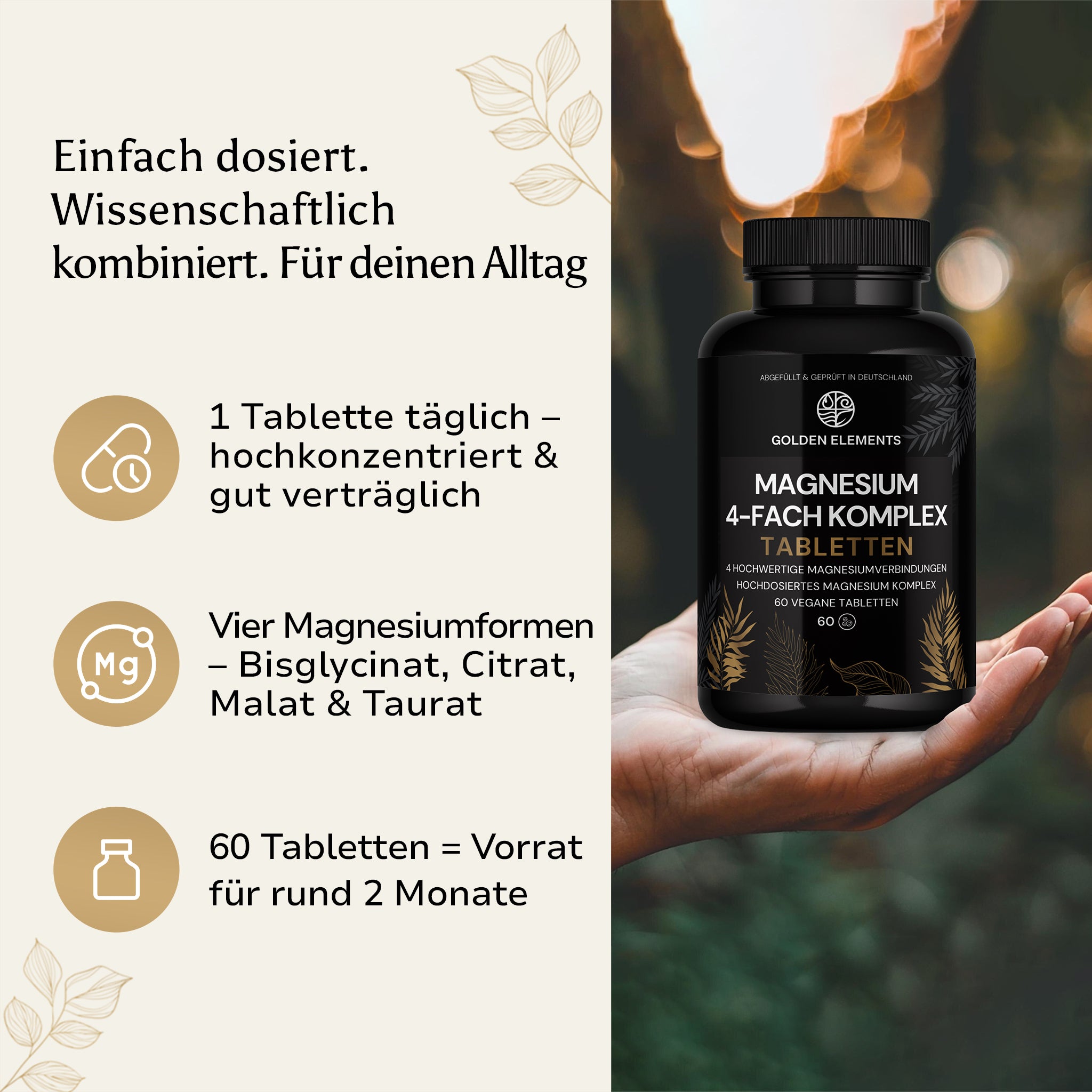 Golden Elements Magnesium 4-Fach Komplex Tabletten – Produktfoto mit Handhaltung und Informationen zur idealen täglichen Dosierung