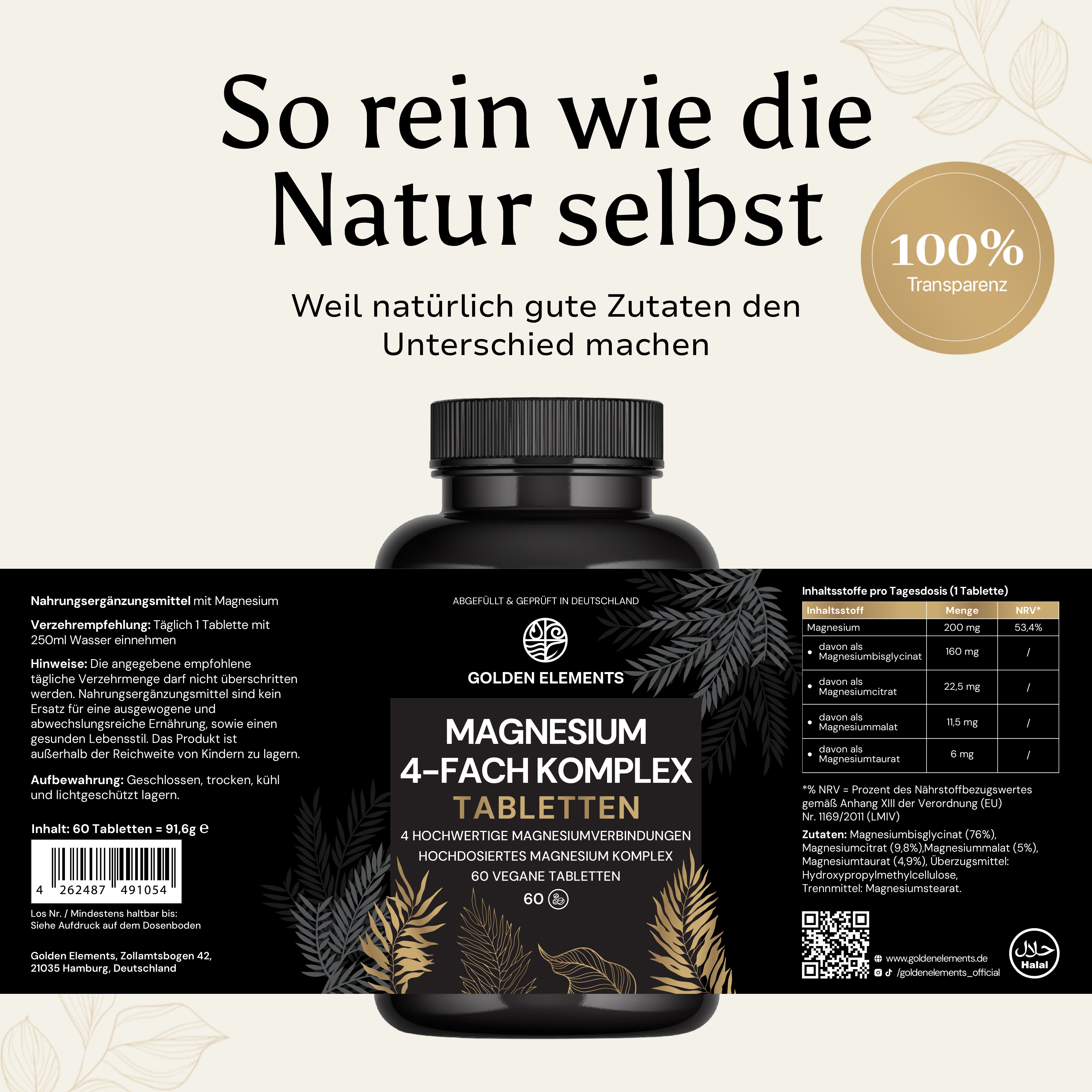 Golden Elements Magnesium 4-Fach Komplex Tabletten – Rückseitenlabel mit Zutatenliste, Nährwertangaben und Analysewerten