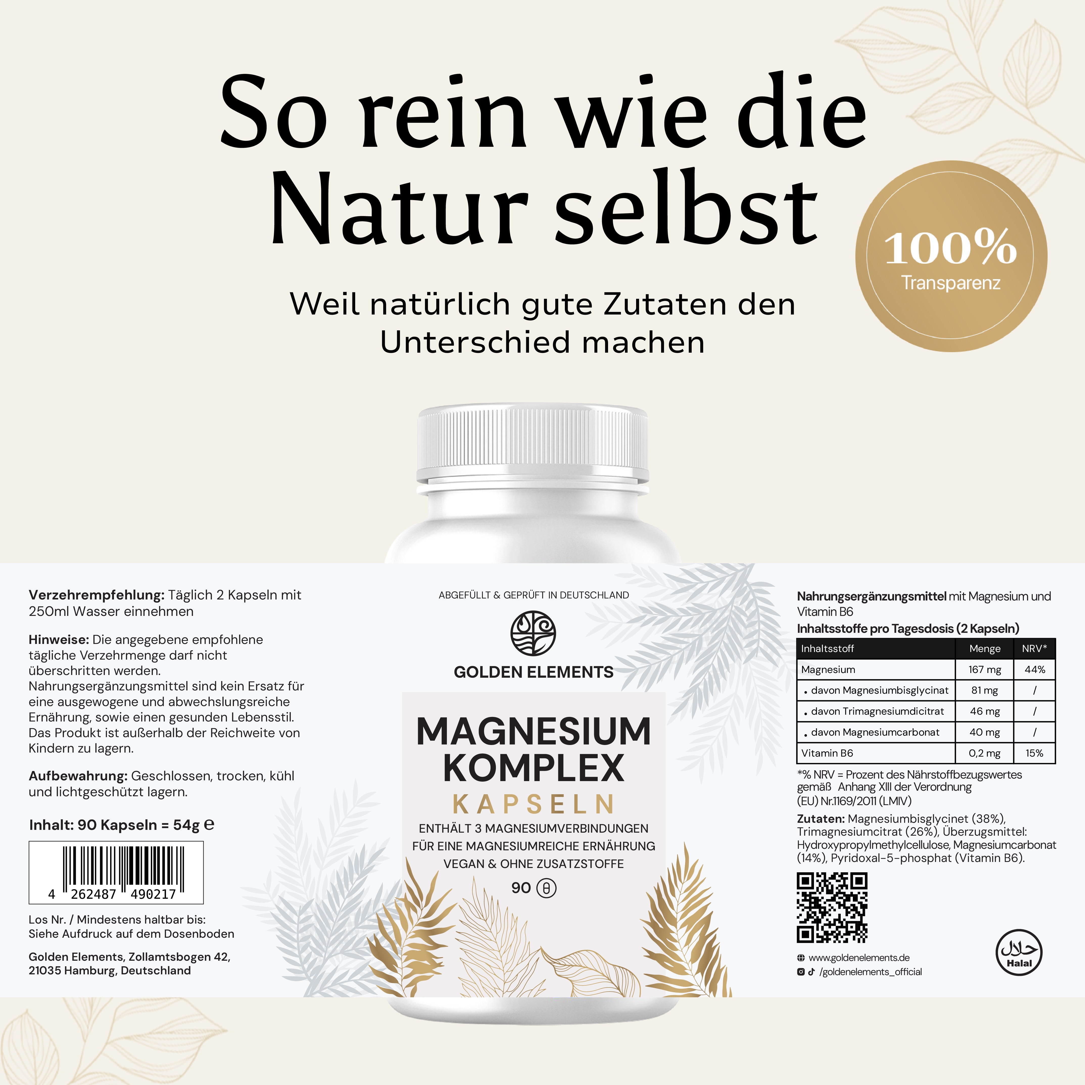 Produktetikett von Golden Elements Magnesium Komplex Kapseln – 90 vegane Kapseln mit drei Magnesiumverbindungen und Vitamin B6, inklusive Anwendungsempfehlung und Nährwertangaben.
