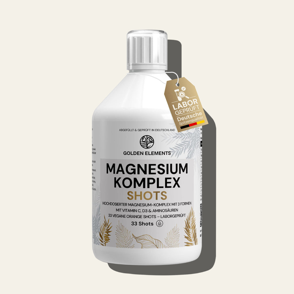 Golden Elements Magnesium Komplex Shots – Hauptproduktbild der klaren, hochdosierten Magnesium-Shots für den täglichen Bedarf