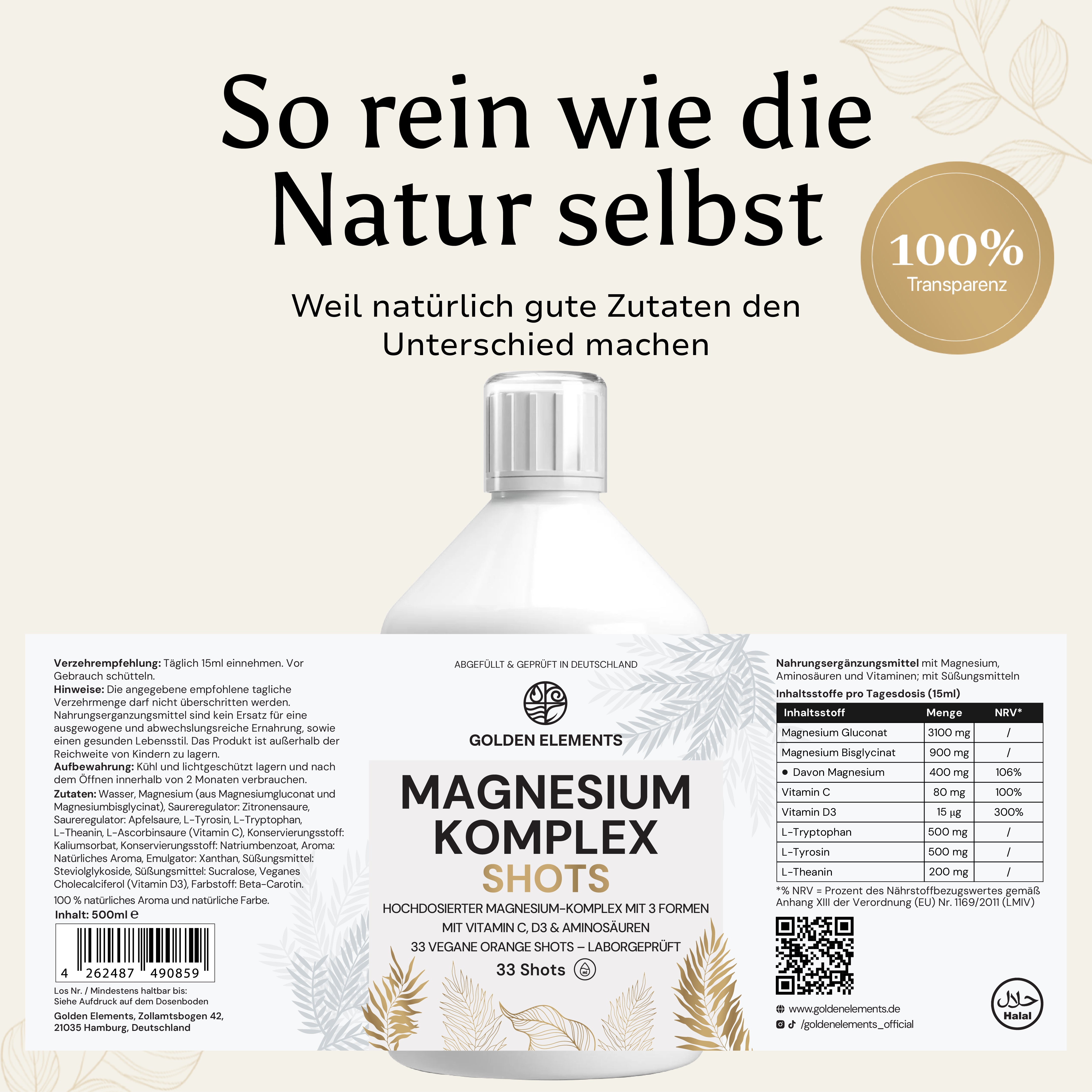 Golden Elements Magnesium Komplex Shots – Rückseitenlabel mit Zutatenliste, Nährwertangaben und Produktdetails